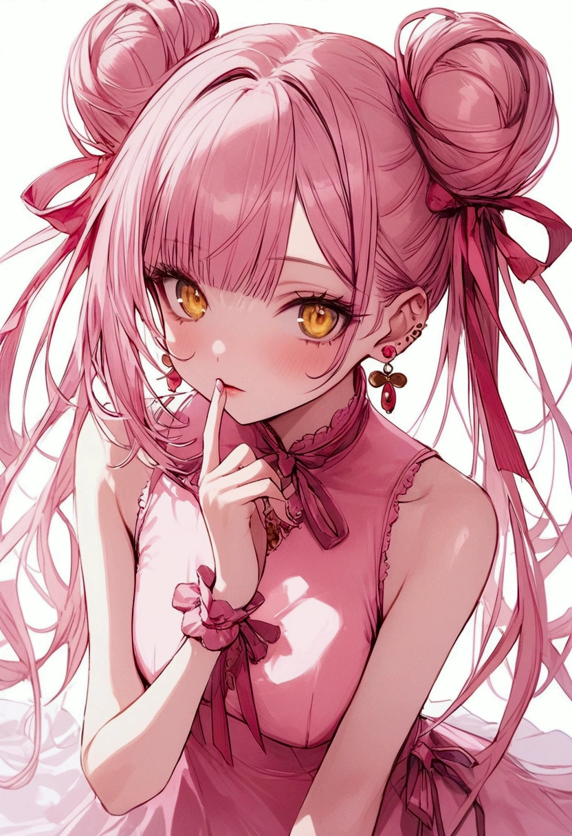 Pink hair, upper space buns with ribbons accessories, has a bangs, tied bangs to the right of her face, blue earings, yellow eyes, pink chinese sleeveless dress, slit skirt, B cup chest