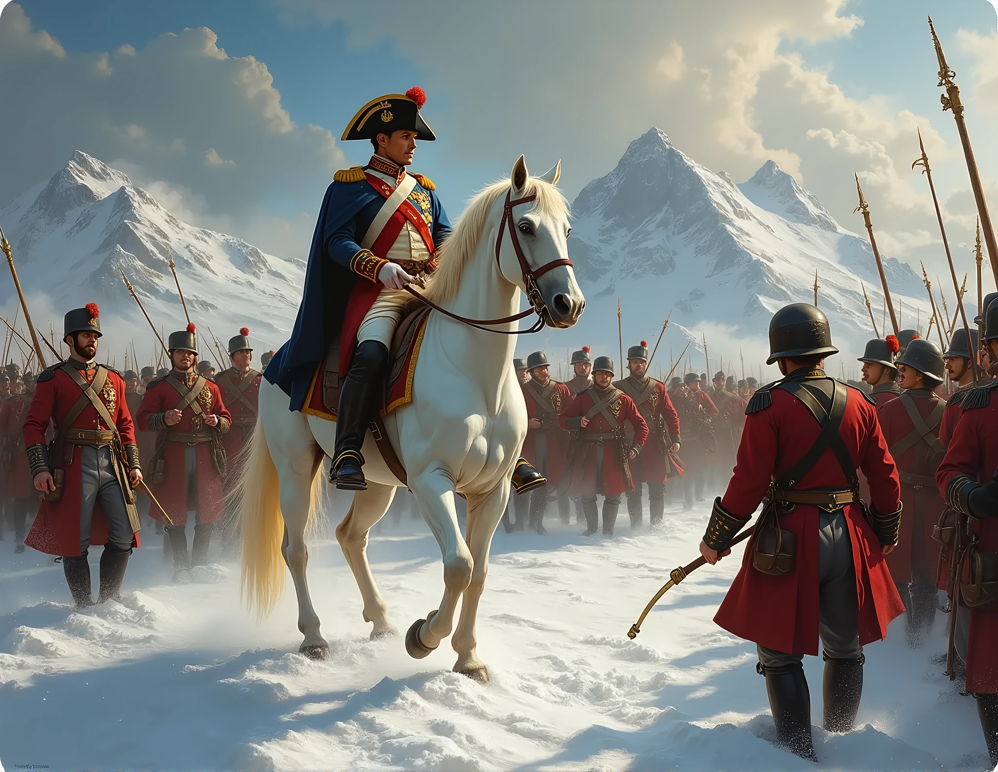 (magnificent),(best quality),Hyper-realistic,(Cossack cavalry+Snowy background:1.3+High-gloss texture),Race across the earth,wild_and_free,Lens shake,The wind blows the ponytail,Raised hope,snow covered,At the crack of dawn,(Sunlight shines on the ground through the clouds),Volumetric light,Super large image width,telephoto lenses,Chilling/Warm style,((Double riding:1.4)+military uniform),(snowflakes:0.8+sunlight:0.8),The picture is expressed with passion,Convey the emotion of hope。 --auto