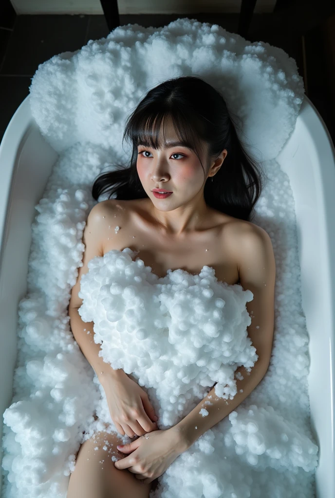 Professional photography, realistic, Wong Kar-Wai, shot from top down photo of Asian woman lying in the bathtub, she has long messy black hair, she is bathing, she has pretty makeup, the bathtub full of soap foam, photo has bubbles flying in foreground, SFW censored by soap foam, intricate detailed