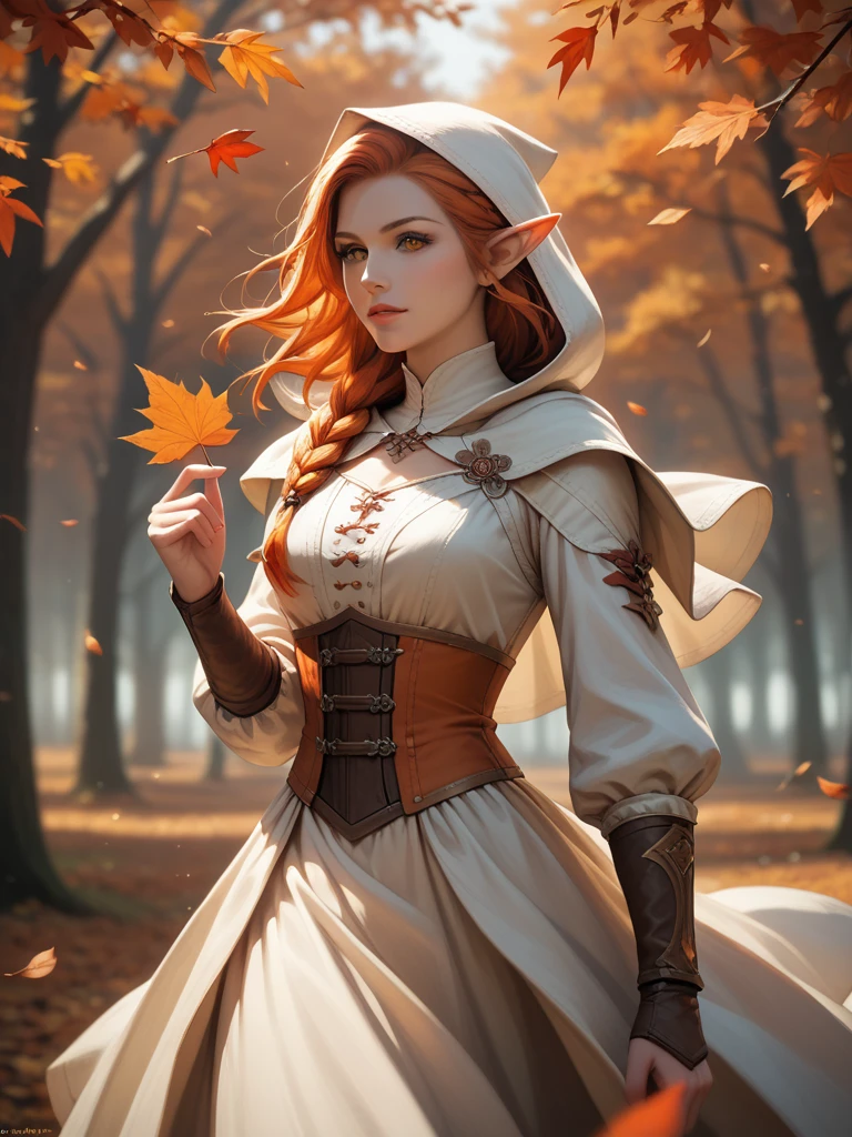 score_9, score_8_up, score_7_up, (masterpiece, UHD, 8K, 16K, ultra detailed), sfw, upperbody shot, 1girl, elf, orange eyes, one side braided hair, ginger hair, holding a red leaf, white dress with hood, intricate details, (murmuring leaves), (wind:1.2), (medieval fantasy), autumn forest background, (depth of field), bokeh, diffused light, dramatic ambient