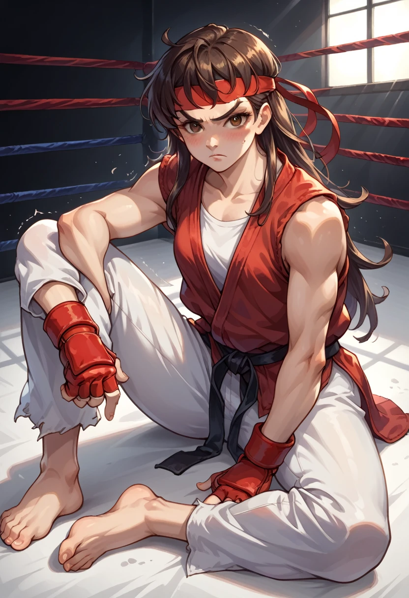 score_9, score_8_up, score_7_up, 1girl, solo, female focus, female body, skinny, Ryustr33tf1ght, black gair, long hair, brown eyes, red headband, white dougie, sleeveless, white pants, black belt, red gloves, fingerless gloves, sitting on ground, barefoot, blushing, shaking, looking at you, fighting ring, oversized pants, camera flashes