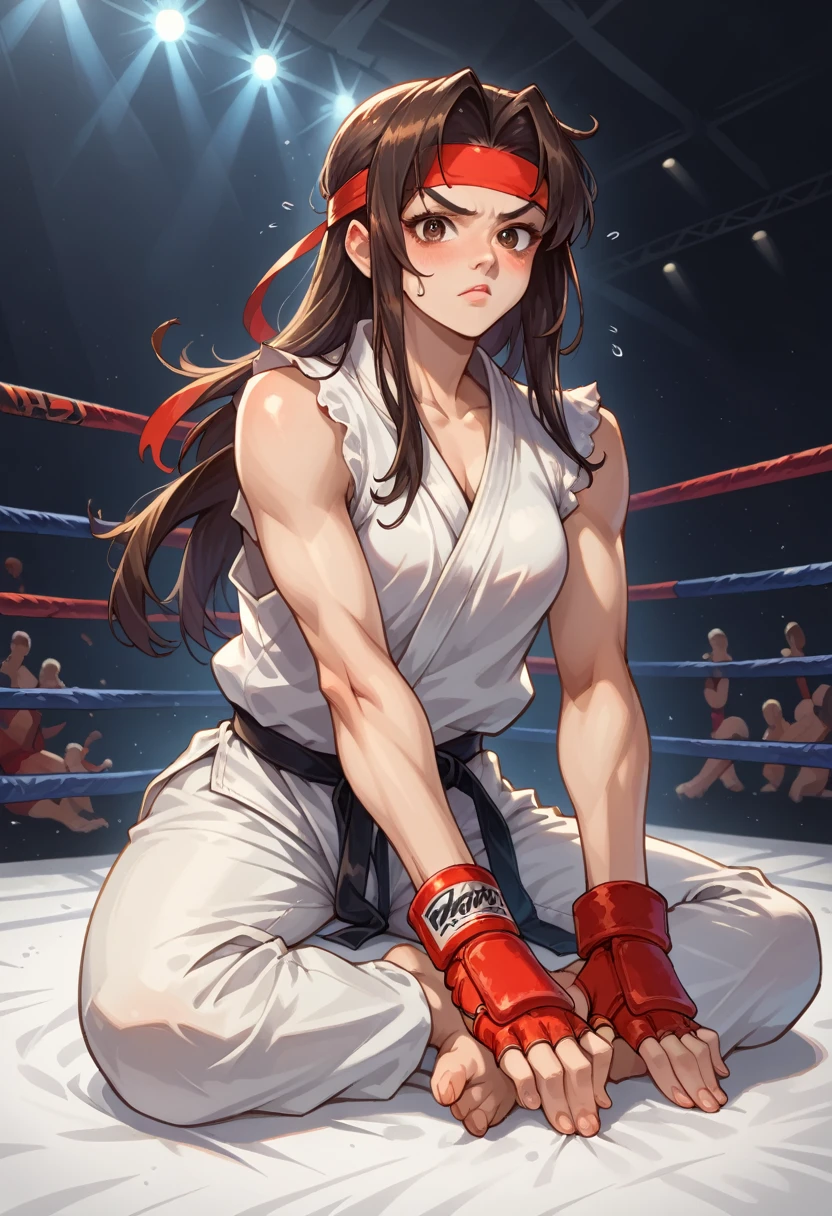 score_9, score_8_up, score_7_up, 1girl, solo, female focus, female body, skinny, Ryustr33tf1ght, black gair, long hair, brown eyes, red headband, white dougie, sleeveless, white pants, black belt, red gloves, fingerless gloves, sitting on ground, barefoot, blushing, shaking, looking at you, fighting ring, oversized pants, camera flashes