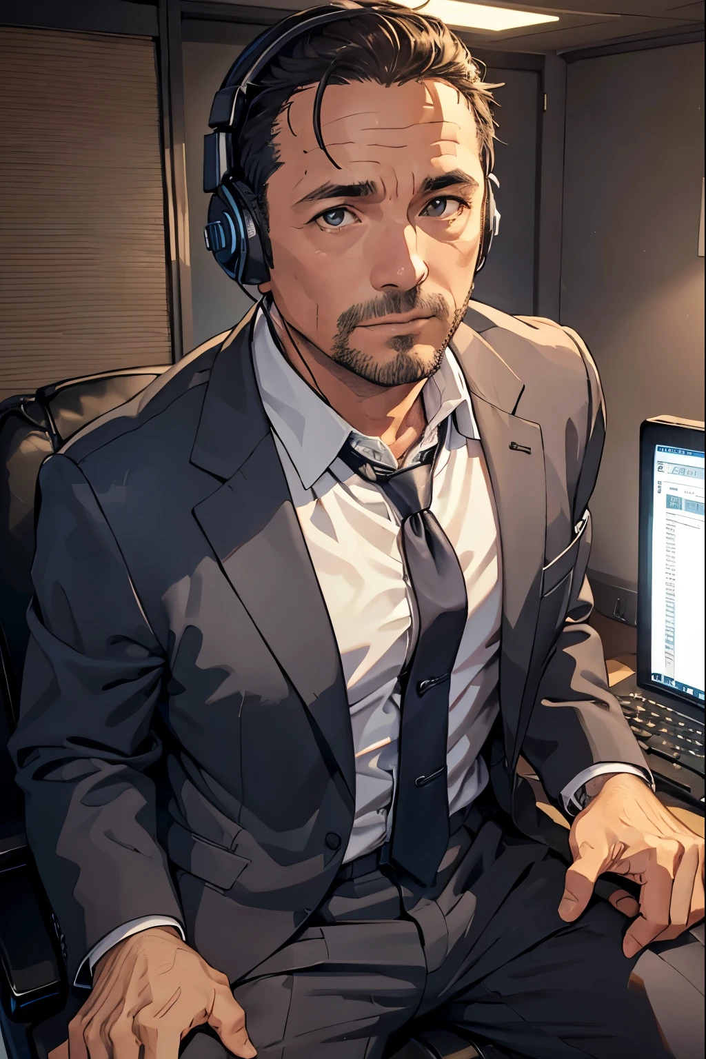 44-year-old middle-aged man masturbating in a small soundproof room、 headphones、 Computer 、Short Hair、Normal body type、In a suit、 sitting on a chair 、detailed expression