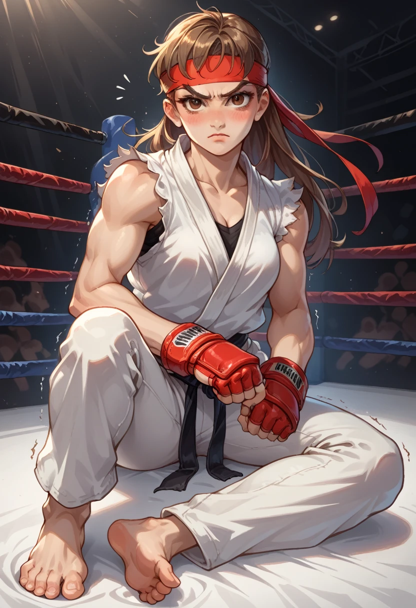 score_9, score_8_up, score_7_up, 1girl, solo, female focus, female body, skinny, Ryustr33tf1ght, black gair, long hair, brown eyes, red headband, white dougie, sleeveless, white pants, black belt, red gloves, fingerless gloves, sitting on ground, barefoot, blushing, shaking, looking at you, fighting ring, oversized pants, camera flashes