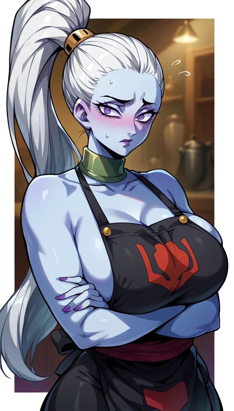 vados,light blue skin,white hair,purple eyes,purple lips, high ponytail, big breasts, mature female, red face, embarrassed, Ashamed, Suspender Naked Apron, V-arms