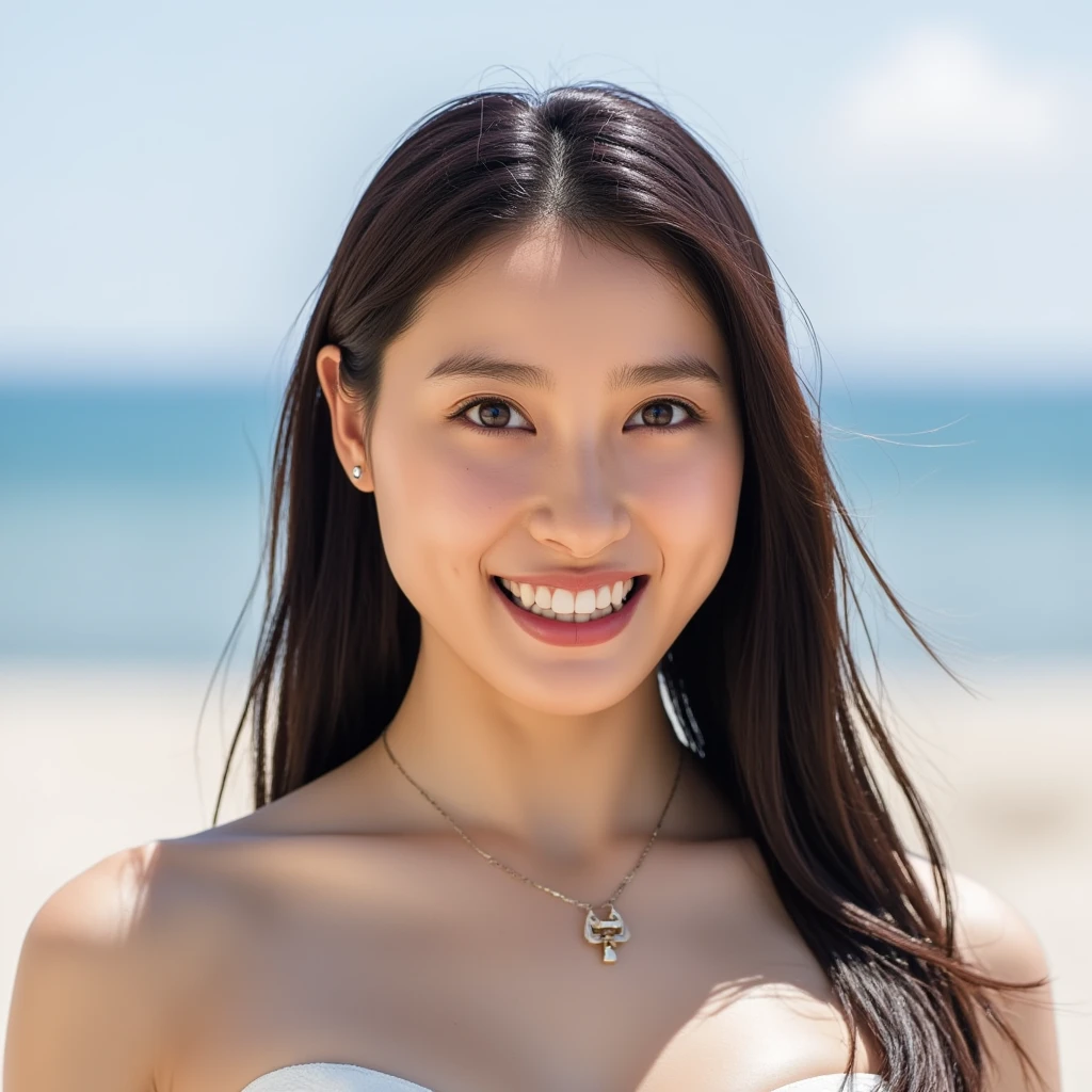 (micro bikini:1.4),The image is incredibly detailed and of such high resolution that it creates an illusion of reality. Captured by a professional photographer with a DSLR camera,the focus is perfectly on the face of an adult Japanese woman. She is a stunningly beautiful and charming woman,radiating warmth with her gentle smile as she gazes directly at the viewer. Her skin is fair and smooth,showcasing a healthy glow. The lighting is bright and inviting,coming from directly in front of her,highlighting her delicate features,including her bright eyes and long,beautiful black hair. The setting is on a sandy beach by the sea,with her body facing forward in a playful manner,conveying a sense of joy and liveliness. The composition captures her from the chest up,emphasizing that it is a head-on portrait. The background features the sunlit ocean,creating a vibrant and cheerful atmosphere.,