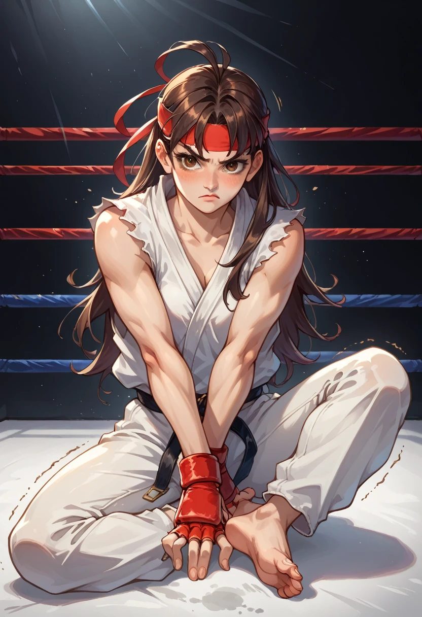 score_9, score_8_up, score_7_up, 1girl, solo, female focus, female body, skinny, Ryustr33tf1ght, black gair, long hair, brown eyes, red headband, white dougie, sleeveless, white pants, black belt, red gloves, fingerless gloves, sitting on ground, barefoot, blushing, shaking, looking at you, fighting ring, oversized pants, camera flashes