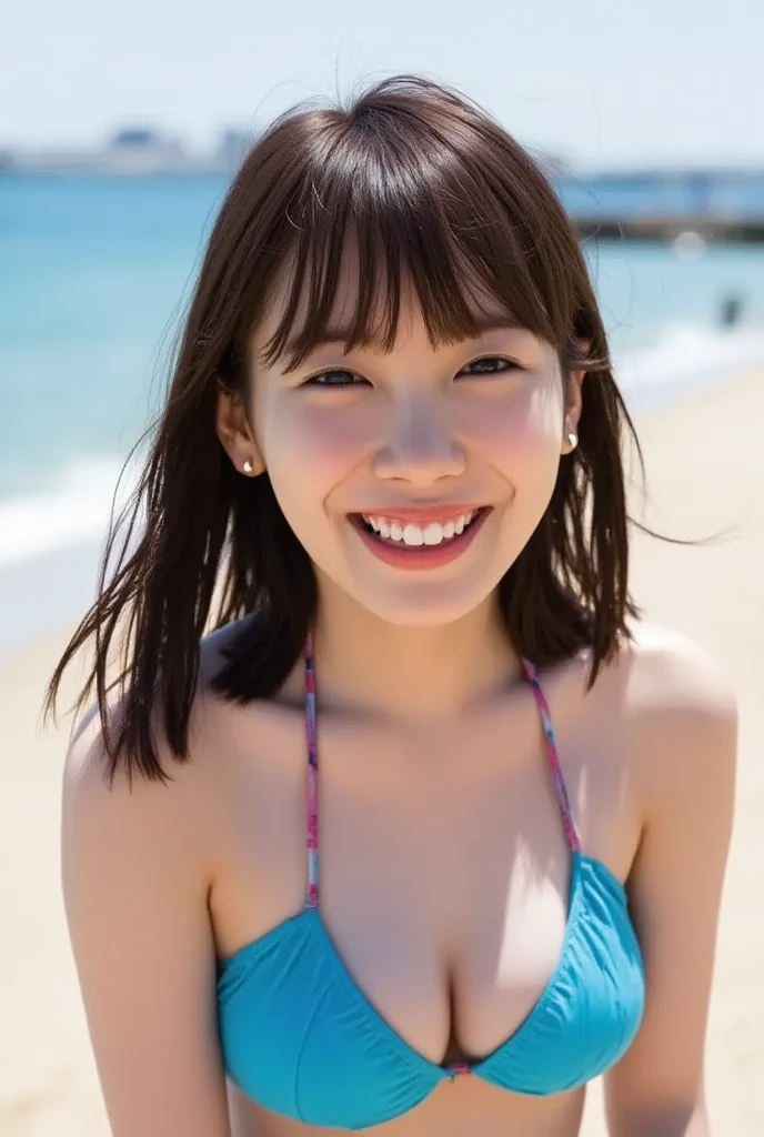 1 young girl, (very beautiful face details), high school girl, (highest quality:1.4), 8K resolution, High resolution, (photorealです, High resolution:1.4), RAW photo, (realistic, photoreal:1.37), (Mini Micro Bikini:1.3), lips, long hair, (beautiful big breasts:1.3), (chest comes out:1.芸術的なlips, look at me, laugh happily, nose, realistic, beach,