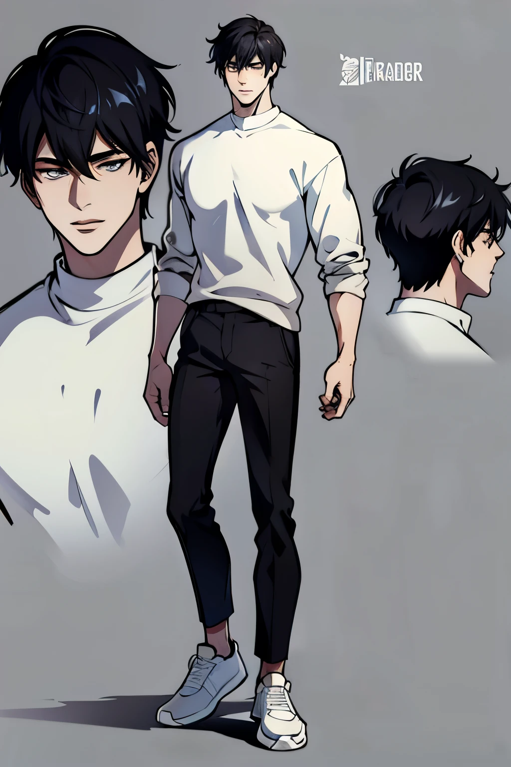 Character Sheet, Character Design, male, 20 years old, black hair, modern clothes, white sweater, black pants, white shoes, ((masterpiece)), 4K, 8K, 16K, UHD, Ultra HD, Ultra detailed