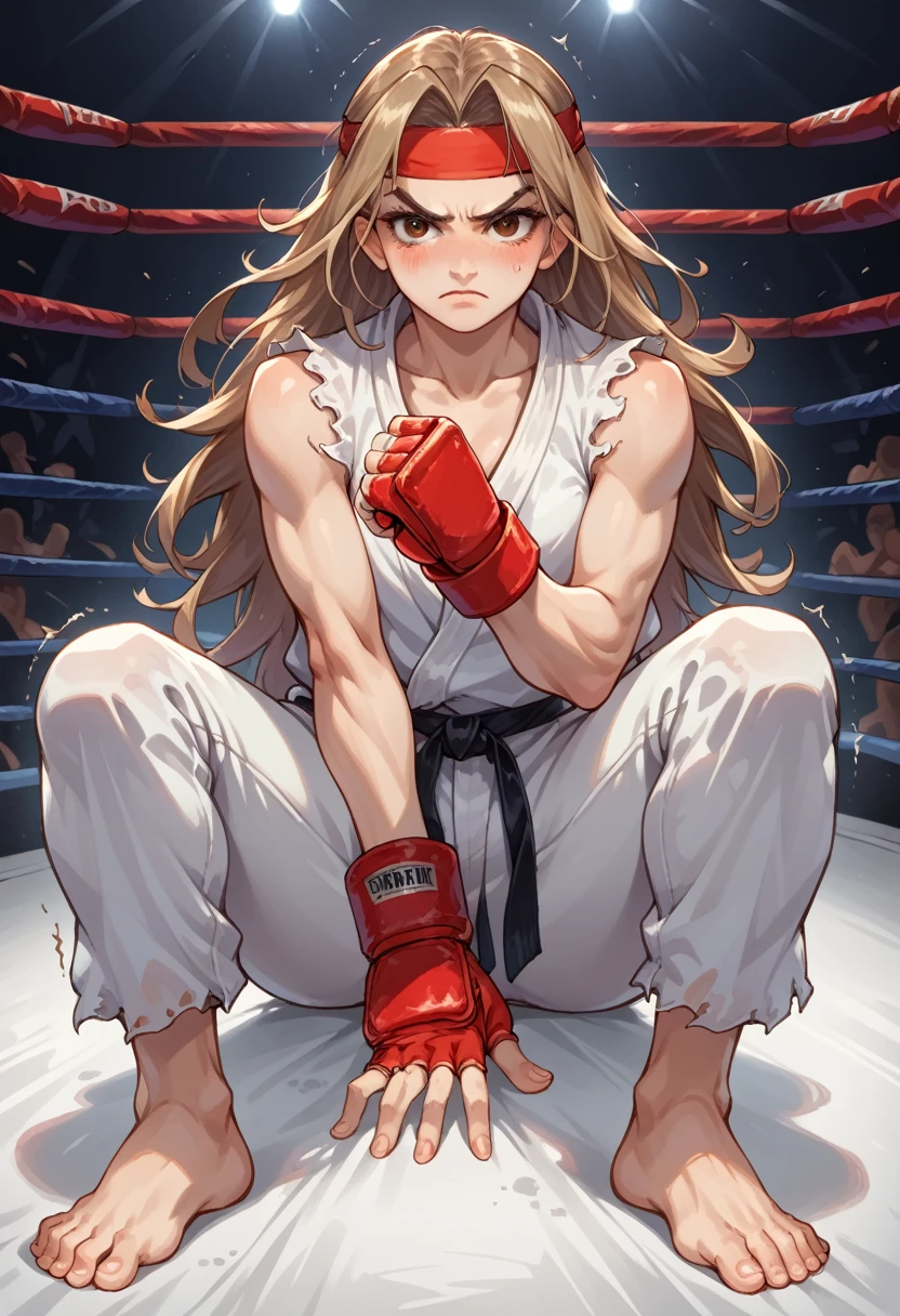 score_9, score_8_up, score_7_up, 1girl, solo, female focus, female body, skinny, Ryustr33tf1ght, black gair, long hair, brown eyes, red headband, white dougie, sleeveless, white pants, black belt, red gloves, fingerless gloves, sitting on ground, barefoot, blushing, shaking, looking at you, fighting ring, oversized pants, camera flashes