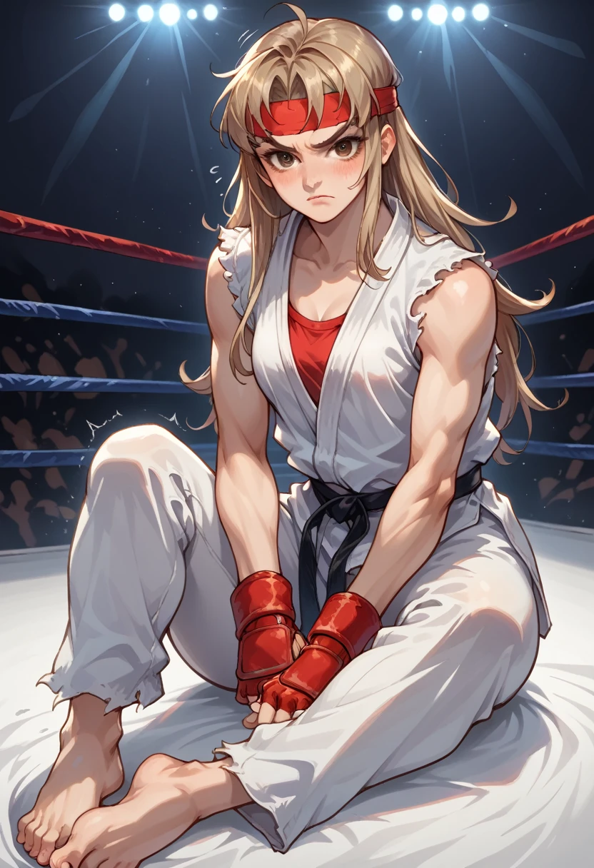 score_9, score_8_up, score_7_up, 1girl, solo, female focus, female body, skinny, Ryustr33tf1ght, black gair, long hair, brown eyes, red headband, white dougie, sleeveless, white pants, black belt, red gloves, fingerless gloves, sitting on ground, barefoot, blushing, shaking, looking at you, fighting ring, oversized pants, camera flashes