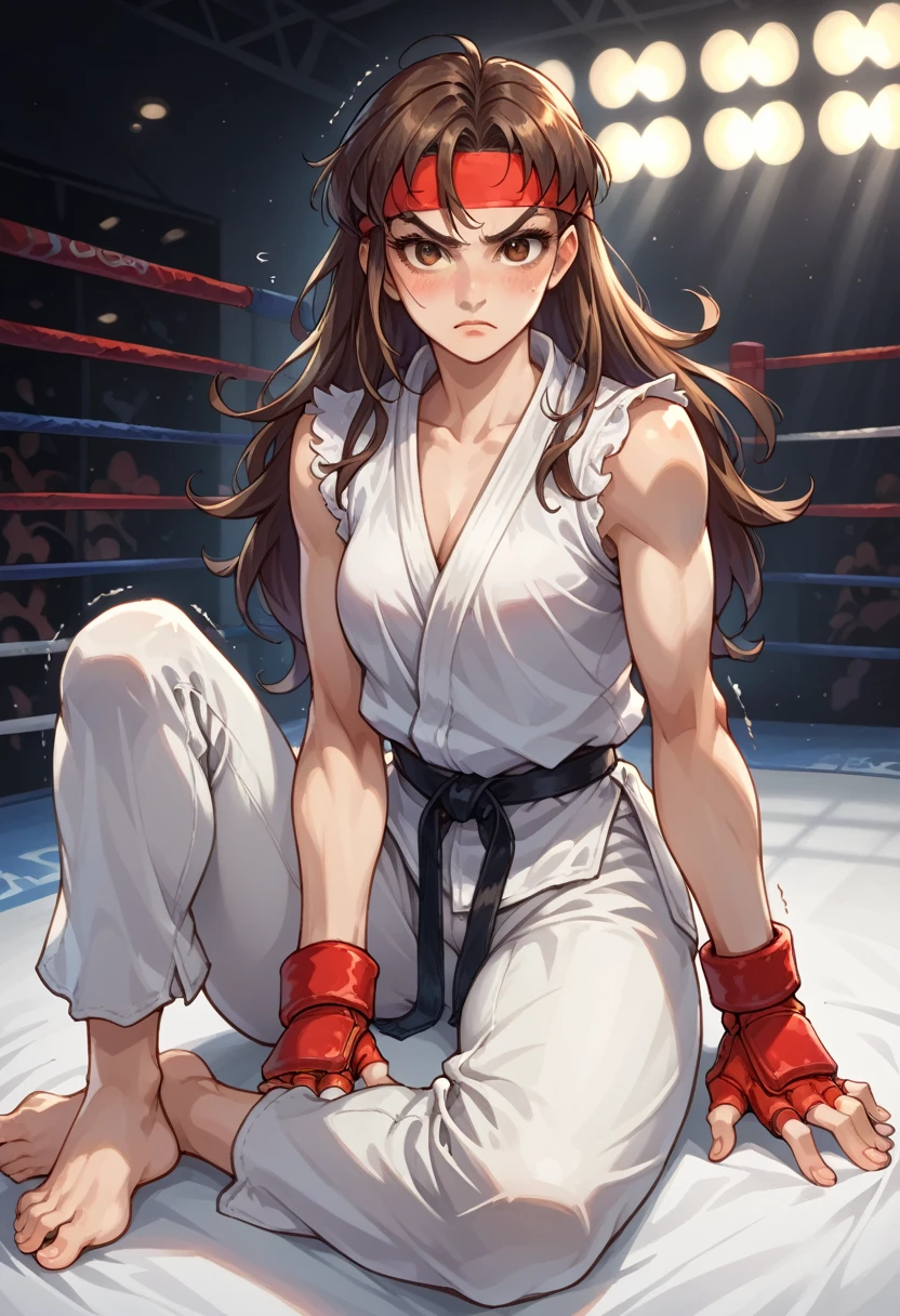 score_9, score_8_up, score_7_up, 1girl, solo, female focus, female body, skinny, Ryustr33tf1ght, black gair, long hair, brown eyes, red headband, white dougie, sleeveless, white pants, black belt, red gloves, fingerless gloves, sitting on ground, barefoot, blushing, shaking, looking at you, fighting ring, oversized pants, camera flashes