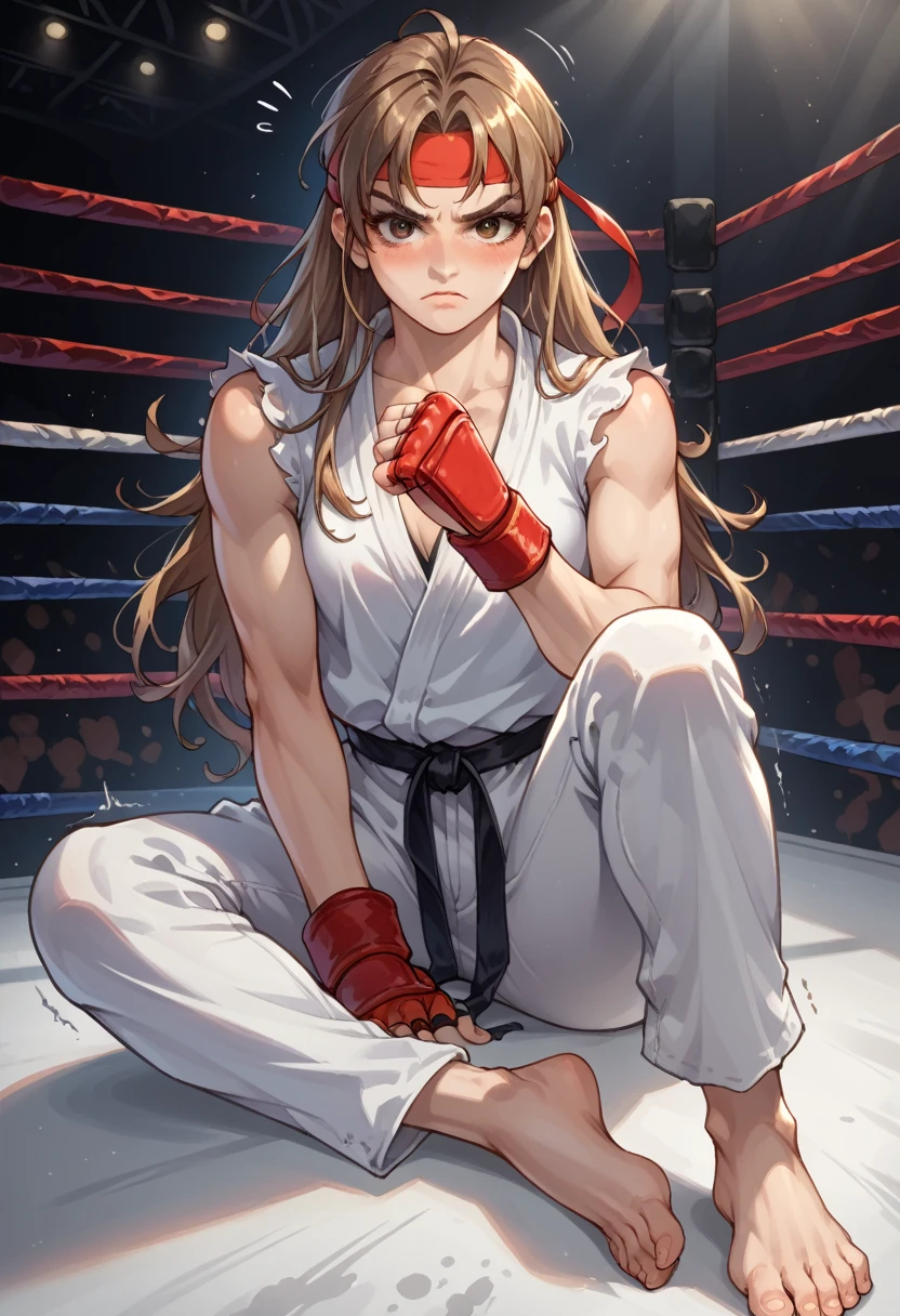 score_9, score_8_up, score_7_up, 1girl, solo, female focus, female body, skinny, Ryustr33tf1ght, black gair, long hair, brown eyes, red headband, white dougie, sleeveless, white pants, black belt, red gloves, fingerless gloves, sitting on ground, barefoot, blushing, shaking, looking at you, fighting ring, oversized pants, camera flashes