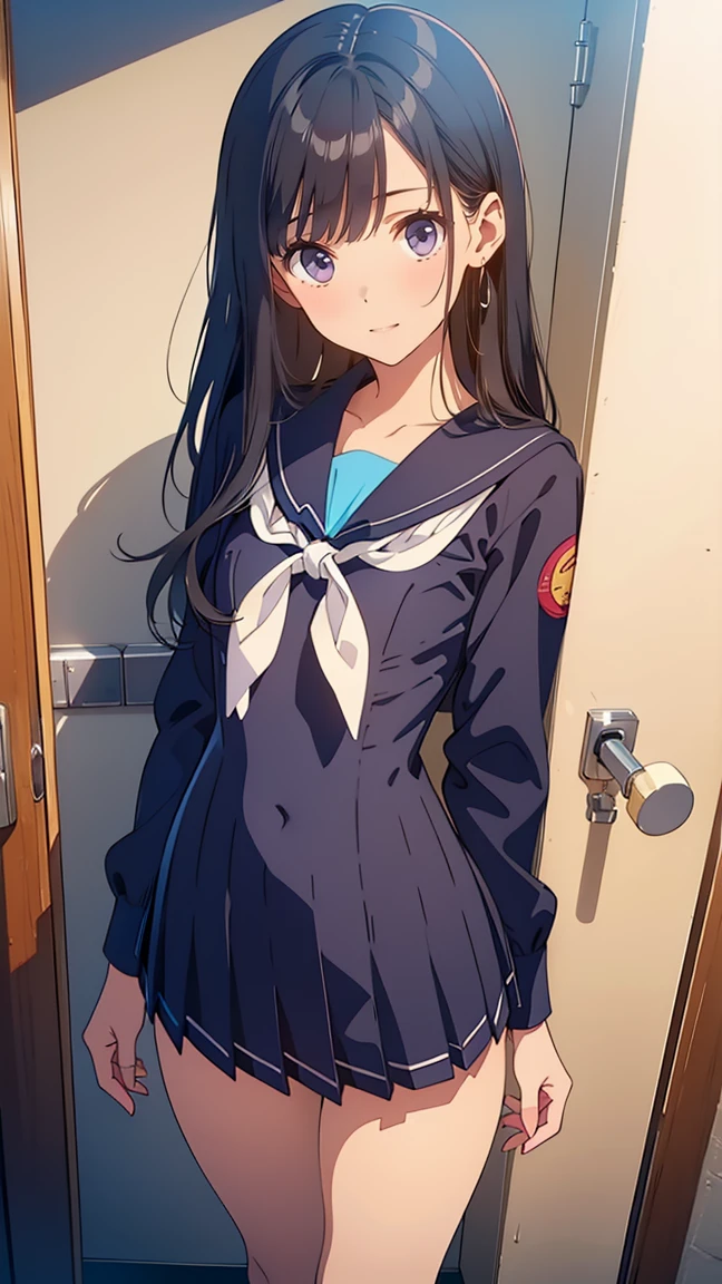 (Black Hair)、(NFSW:1.4),masterpiece,best quality,Ultra detailed,8k,realistic,ultra detailed,highly detailed,1girl,(****:1.3),(mesugaki:1.3),(kawaii:1.2),NFSW,((( sailor suit))),flat chest,bathroom,evil smile,