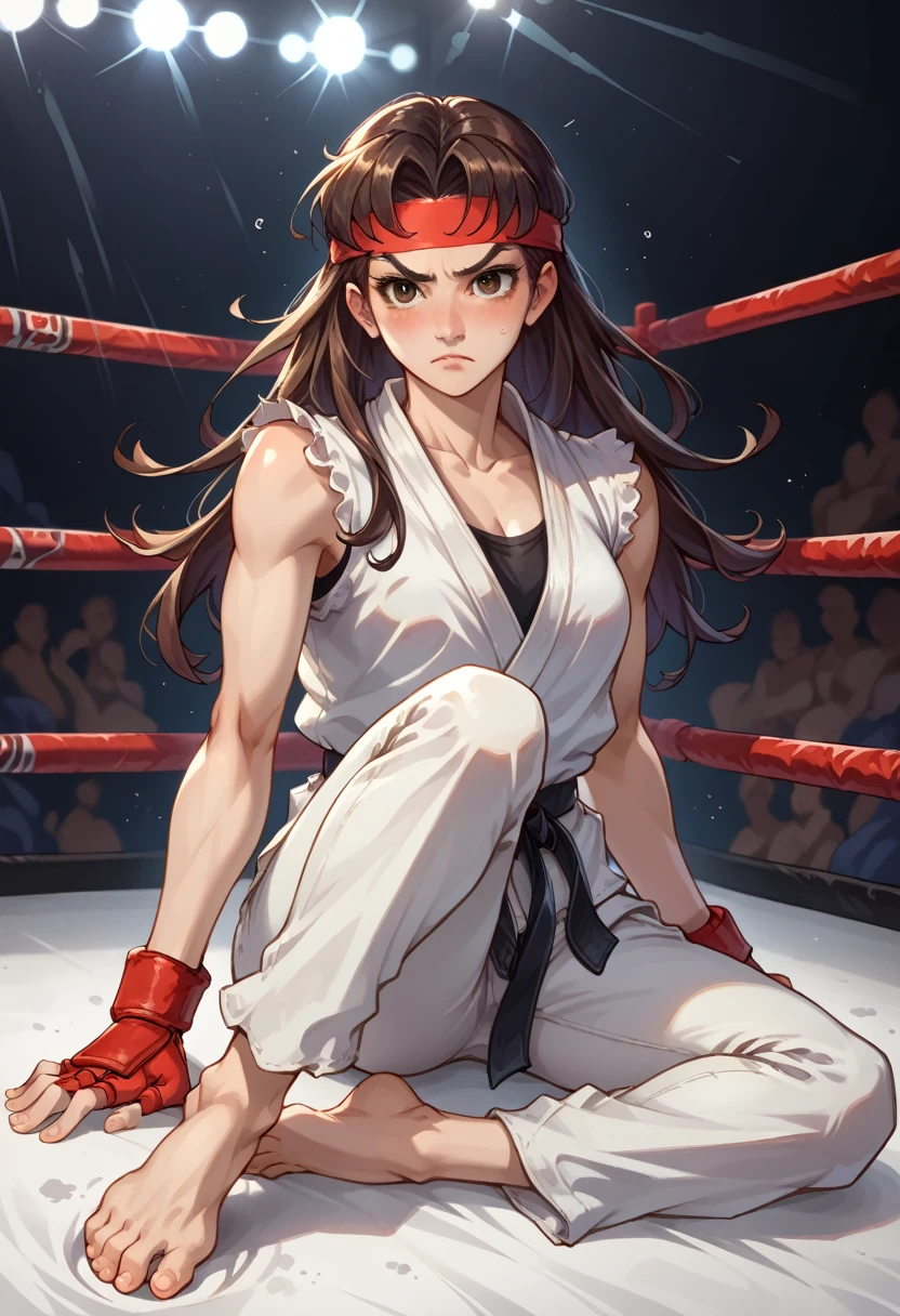 score_9, score_8_up, score_7_up, 1girl, solo, female focus, female body, skinny, Ryustr33tf1ght, black gair, long hair, brown eyes, red headband, white dougie, sleeveless, white pants, black belt, red gloves, fingerless gloves, sitting on ground, barefoot, blushing, shaking, looking at you, fighting ring, oversized pants, camera flashes