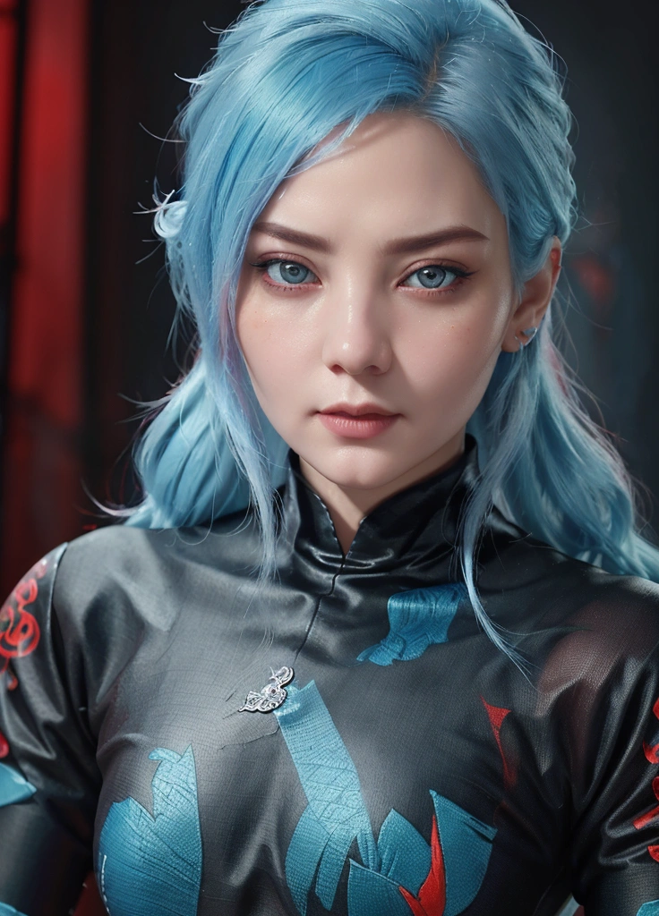 a woman with long pastel blue hair, dark eyes, wearing red ninja clothes, detailed face, elegant pose, highly detailed, intricate details, beautiful portrait, dramatic lighting, cinematic composition, vibrant colors, digital painting, concept art style, photorealistic, 8k, masterpiece