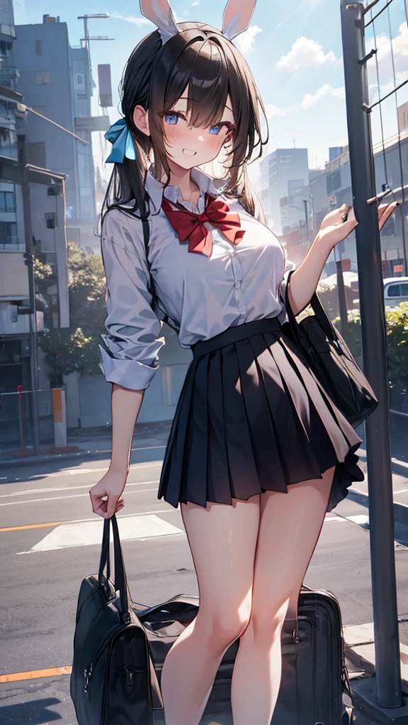 1girl,bangs,blunt_bangs,long_hair,solo,black_skirt,blue_eyes,skirt,barefoot,black_hair,day,open_mouth,blue_sky,eyebrows_visible_through_hair,outdoors,sky,cloud,from_below,looking_at_viewer,panties,underwear,upskirt,school_uniform,bag,clothes_lift,bare_legs,flower,standing,shirt,full_body,hair_over_shoulder,pleated_skirt,short_sleeves,bow,bowtie,white_shirt,ponytail,pantyshot,white_panties,fence,plant,vines,collared_shirt,ass_visible_through_thighs,skirt_lift,red_bow,red_neckwear,hand_up,lifted_by_self,feet,dress_shirt,hose,chain-link_fence,toes,waving,rooftop,school_bag,purple_flower,disgust,morning_glory,gesugao