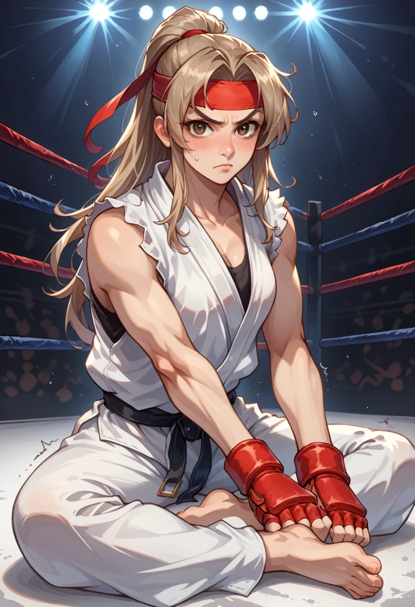 score_9, score_8_up, score_7_up, 1girl, solo, female focus, female body, skinny, Ryustr33tf1ght, black gair, long hair, brown eyes, red headband, white dougie, sleeveless, white pants, black belt, red gloves, fingerless gloves, sitting on ground, barefoot, blushing, shaking, looking at you, fighting ring, oversized pants, camera flashes