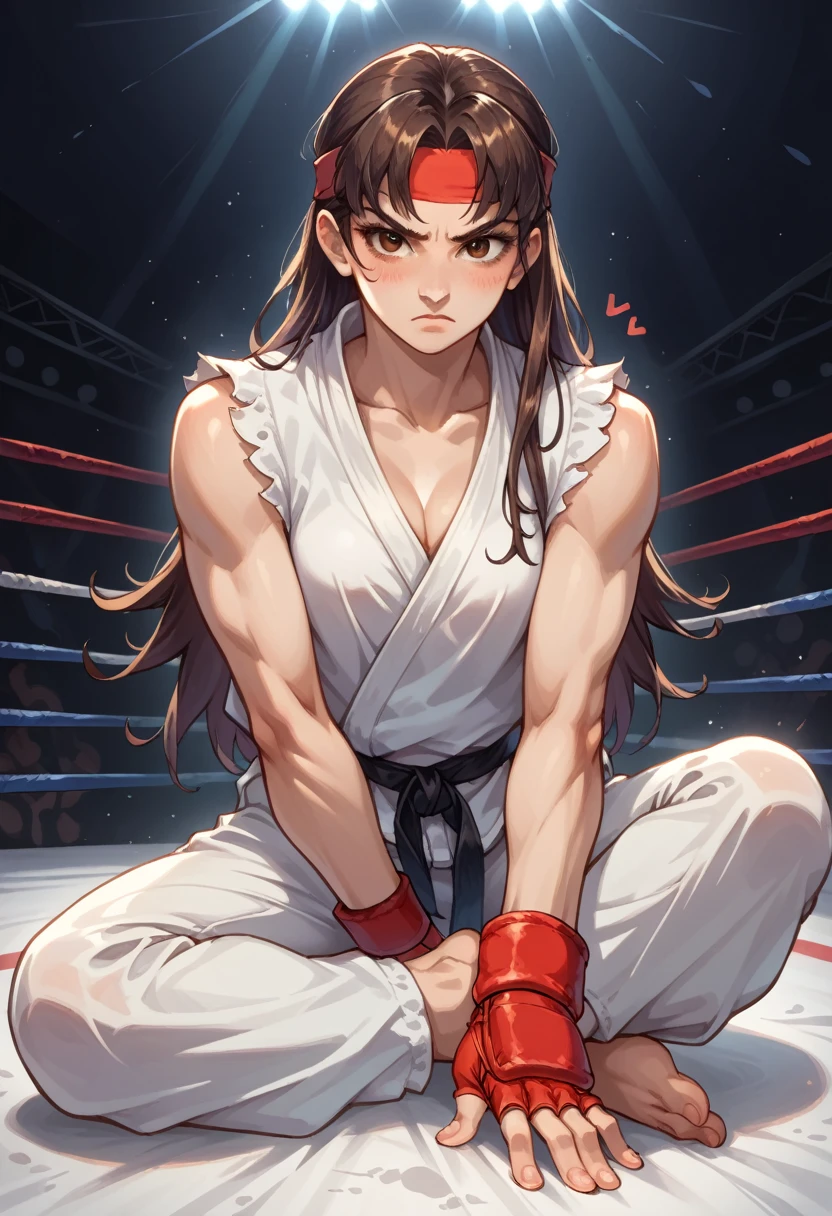 score_9, score_8_up, score_7_up, 1girl, solo, female focus, female body, skinny, Ryustr33tf1ght, black gair, long hair, brown eyes, red headband, white dougie, sleeveless, white pants, black belt, red gloves, fingerless gloves, sitting on ground, barefoot, blushing, looking at you, fighting ring, oversized pants, camera flashes