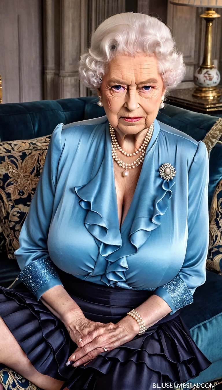 queen elizabeth 80yo is sitting on sofa, (seductive expression:1.4), (crossed arms:1.4), (wide cleavage:1.4), (huge saggy breast:1.4), (blue silk shirt:1.4), black Skirt with ruffle, pearls