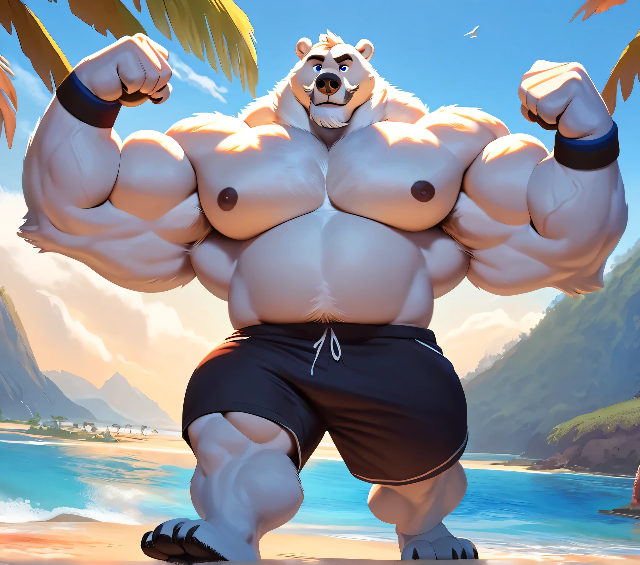 huge muscular polar bear in Tropical island beach, big grr, polar bear, huge white fur, thick arm, huge arm, huge white fur, thick arm, huge arm, added gray mustache, added gray beard, short white hair, height: 220cm, weight: 440lbs, (veiny bulked up muscular, pectoral, wide pectoral, thick bulky arms), Walt Disney 2D Zootopia Animation Art Style, detailed gray eyebrows, detailed eyes with blue pupils, (wearing black shorts, wristbands, shirtless, topless and feet), bouncing his pecs, flexing his biceps and his thorax