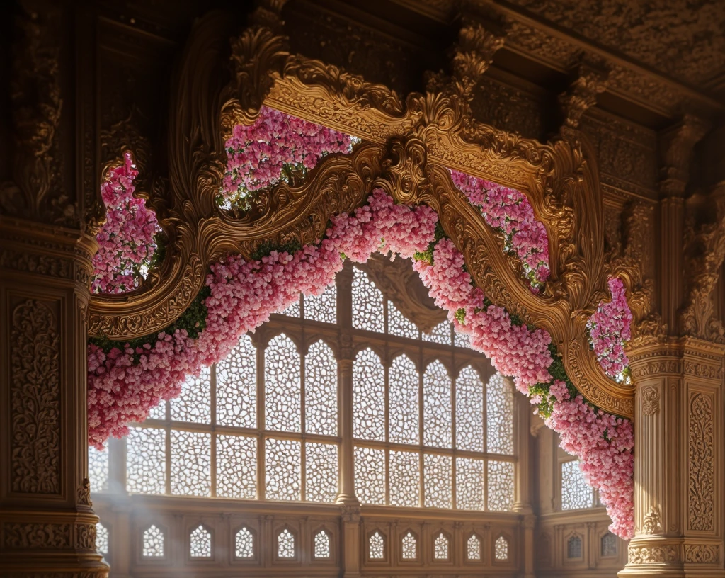 Create an oil painting in the Renaissance style, inspired by the works of William Adolphe Bouguereau depicts an ornate architectural detail of a palace interior in medieval India, likely from Chittor. The central focus is on a large wooden archway with intricate carvings featuring floral motifs and geometric patterns in gold, brown, and beige tones. Two prominent stone columns with elaborate designs are positioned symmetrically on either side of the archway. Above the columns, a wavy golden arch adorned with flowing pink Lotus petals creates a luxurious canopy. These petals transition to soft pink flowers dangling as tassels at the bottom, adding depth and texture to the scene. Beneath this arch hangs a dense arrangement of vibrant pink flower garlands that cascade down, creating a rich contrast against the darker background. The archway leads to a large window with multiple panes, each containing delicate lattice work forming intricate geometric patterns. These lattice windows allow soft daylight to filter through, illuminating the space and casting gentle shadows. The surrounding architecture includes heavily carved wooden beams, columns, and ceiling panels, all showcasing traditional Indian craftsmanship. The color palette consists of warm tones such as golden yellow, deep brown, light beige, and various shades of pink, contributing to the majestic and serene atmosphere. The overall composition is symmetrical and balanced, emphasizing the beauty and intricacy of the traditional Indian architectural elements. The lighting creates a harmonious blend of natural sunlight and artificial highlights, accentuating the textures and colors of the wood, stone, and floral decorations while maintaining a realistic yet slightly dreamy quality. Infuse the aesthetic elements of a Sanjay Leela Bhansali movie, with rich, ornate colors and a cinematic flair, giving the entire composition a larger-than-life, luxurious quality.