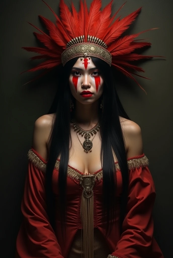 Sensual Japanese woman dressed as Apache, dark lights, shadows, penacho de plumas , Red and White war face paint , free art style Luis Royo Marta Nael Tom Bagshaw 