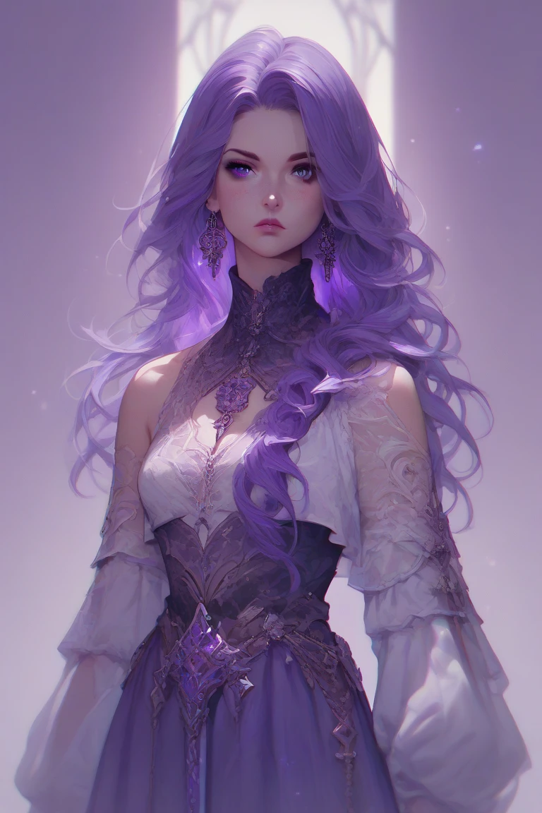 purple hair , purple eyes , woman, dressed modestly, modern fantasy clothing, young