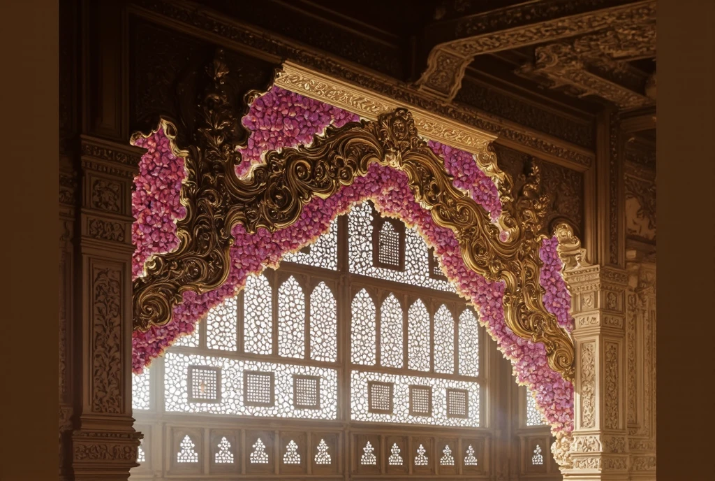 Create an oil painting in the Renaissance style, inspired by the works of William Adolphe Bouguereau depicts an ornate architectural detail of a palace interior in medieval India, likely from Chittor. The central focus is on a large wooden archway with intricate carvings featuring floral motifs and geometric patterns in gold, brown, and beige tones. Two prominent stone columns with elaborate designs are positioned symmetrically on either side of the archway. Above the columns, a wavy golden arch adorned with flowing pink Lotus petals creates a luxurious canopy. These petals transition to soft pink flowers dangling as tassels at the bottom, adding depth and texture to the scene. Beneath this arch hangs a dense arrangement of vibrant pink flower garlands that cascade down, creating a rich contrast against the darker background. The archway leads to a large window with multiple panes, each containing delicate lattice work forming intricate geometric patterns. These lattice windows allow soft daylight to filter through, illuminating the space and casting gentle shadows. The surrounding architecture includes heavily carved wooden beams, columns, and ceiling panels, all showcasing traditional Indian craftsmanship. The color palette consists of warm tones such as golden yellow, deep brown, light beige, and various shades of pink, contributing to the majestic and serene atmosphere. The overall composition is symmetrical and balanced, emphasizing the beauty and intricacy of the traditional Indian architectural elements. The lighting creates a harmonious blend of natural sunlight and artificial highlights, accentuating the textures and colors of the wood, stone, and floral decorations while maintaining a realistic yet slightly dreamy quality. Infuse the aesthetic elements of a Sanjay Leela Bhansali movie, with rich, ornate colors and a cinematic flair, giving the entire composition a larger-than-life, luxurious quality.
