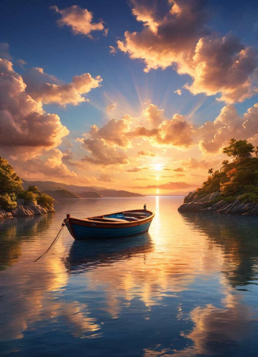 a cozy boat anchored at sunset, calm water, golden hour lighting, idyllic coastal landscape, detailed clouds, beautiful colors, dramatic sky, photorealistic, concept art, highly detailed, 8k, masterpiece, vibrant colors, studio lighting, digital art, hyperrealistic