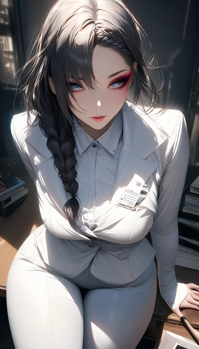 womam,woman,solo,juri han, work of art, tight white secretary shirt with black tie, black high waist skirt, short skirt, black hair, black tights,evil smile,office,franja nos olhos,lighting,chifre de cabelos,view from above,olhando para cima,maquiagem nos olhos
