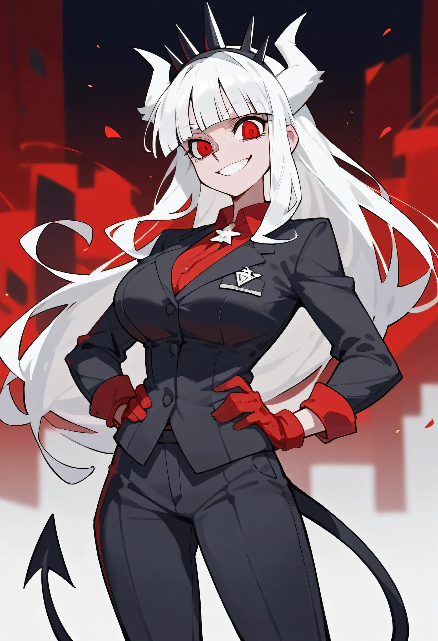 Masterpiece, best quality, Masterpiece, best quality, 1 woman , lucifer (helltaker) , long white hair , red eyes. , sly face , smile , black suit shirt , gloves , trousers , big breasts , , abdomen , Put your hands on your hips