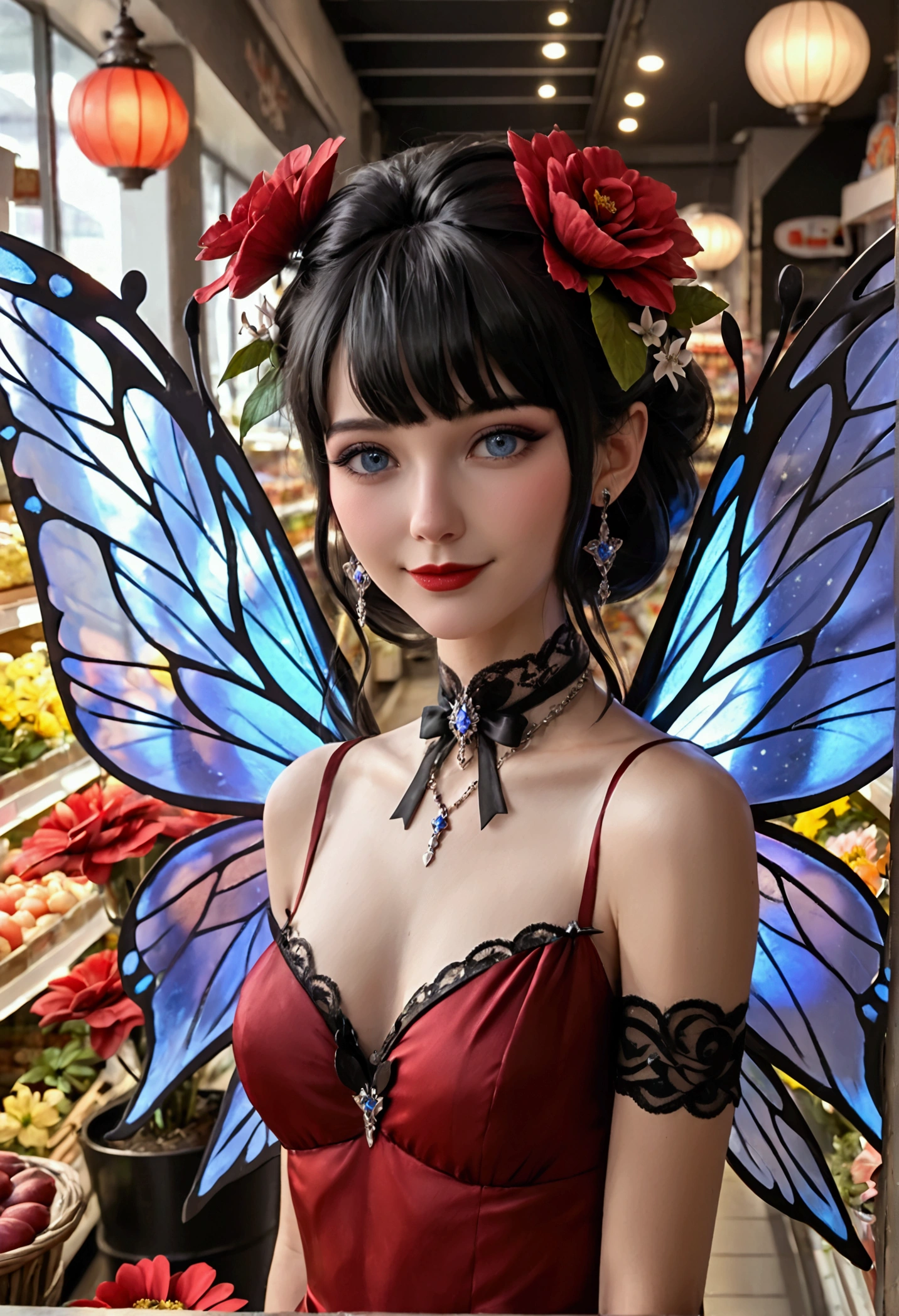 score_9, score_8_up, score_7_high details, best quality, 16k, RAW, [best detailed], masterpiece, best quality, (extremely detailed), full body, ultra wide shot, photorealistic, dark fantasy art, goth art, RPG art, D&D art, a picture of a dark female fairy showing flowers in a florist shop, extremely beautiful fairy, ultra feminine (intense details, Masterpiece, best quality), best detailed face (intense details, Masterpiece, best quality), having wide butterfly wings, spread buterfly wings (intense details, Masterpiece, best quality), dark colors wings (intense details, Masterpiece, best quality), black hair, long hair, shinning hair, flowing hair, shy smile, innocent smile, blue eyes, dark red lips, wearing red dress, dark dynamic elegant dress, chocker, wearing high heels, in flower shop (intense details, Masterpiece, best quality), extreme many flowers (intense details, Masterpiece, best quality), dark colorful flowers (intense details, Masterpiece, best quality), flower shop in a dark goth era street, model715, High Detail, Ultra High Quality, High Resolution, 16K Resolution, Ultra HD Pictures, 3D rendering Ultra Realistic, Clear Details, Realistic Detail, Ultra High Definition