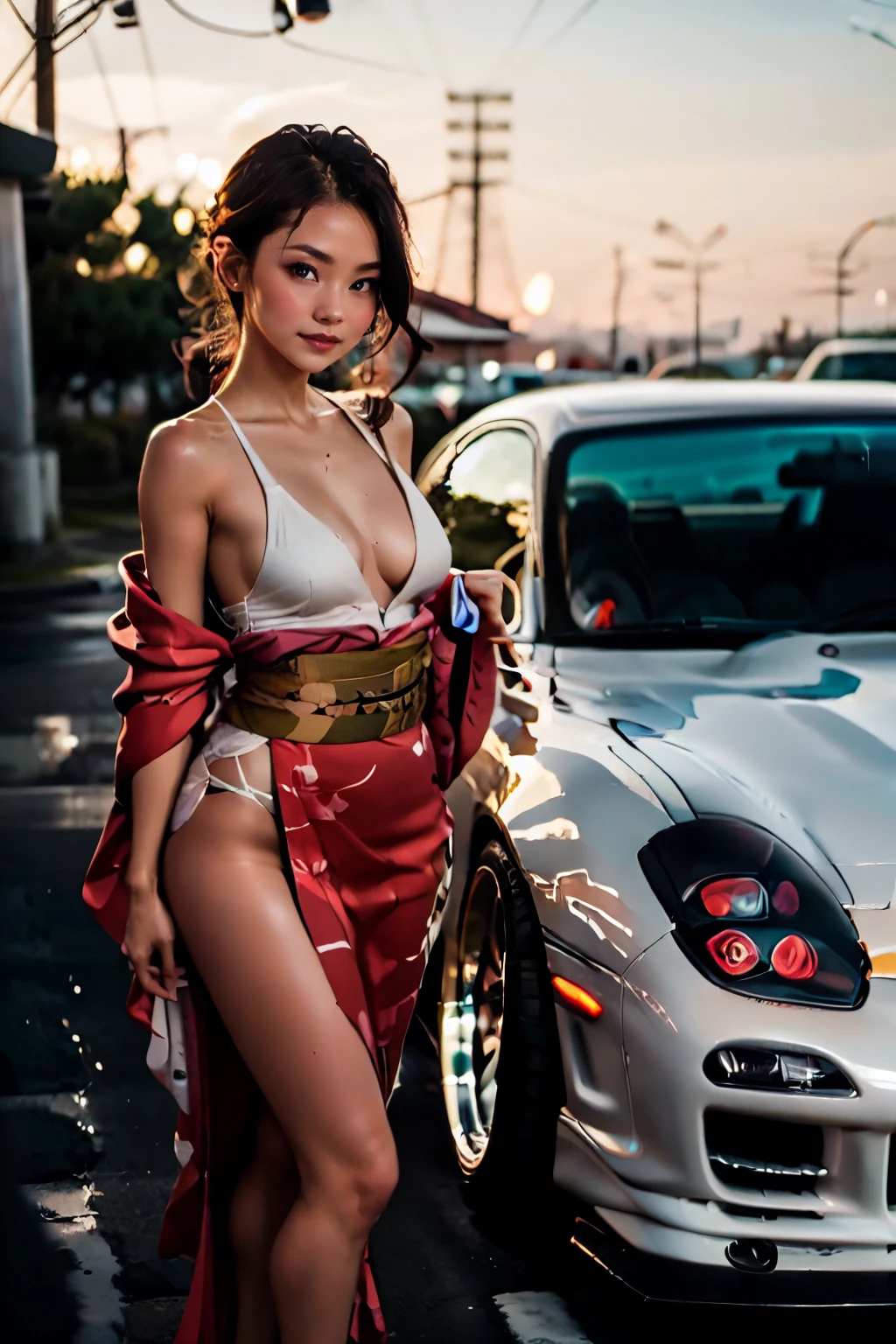 Tuned RX7,JDM, A beautiful woman wearing a Japanese kimono is beside the car, anatomically correct, Best Quality, Ultra Wide Angle, Small breasts, Celebrity sunburn, Brown Skin, Show me the whole car