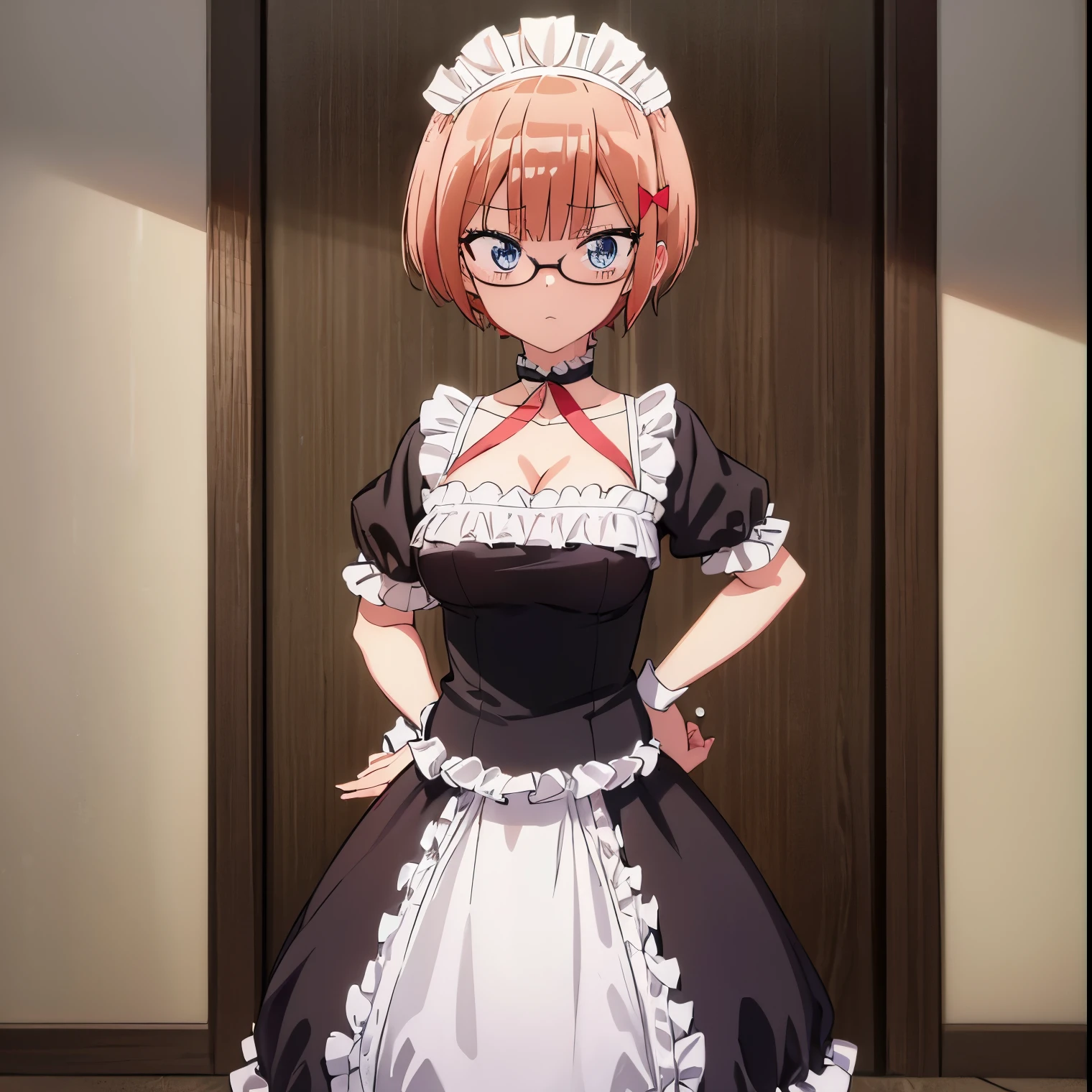 (extremely detailed CG unity 8k wallpaper), (masterpiece), (best quality), (ultra-detailed), (best illustration), (best shadow), (absurdres), 1girl, solo, ogata rizu, maid, maid headdress, choker, wrist cuffs, short sleeves, cleavage, looking down, hands on hips, arms crossed, indoors, cafe, standing