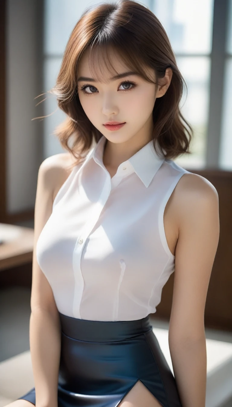 ((of the highest quality, 8K, masutepiece: 1.3, Raw photo)), Sharp Focus: 1.2, (1 AESPA Girl :1.1), Solo, (Realistic, Photorealistic: 1.37), (Face Focus: 1.1), Cute face, hyperdetailed face, short messy hair, Small Smile, small breasts, flat chest, button down shirt, chiffon panties, (Roll up the skirt: 1.2), (See all panties), (Lift skirt hem), (Lifting skirt while standing to show off panties to us: 1.4), wind, office room, thigh, flower, lily