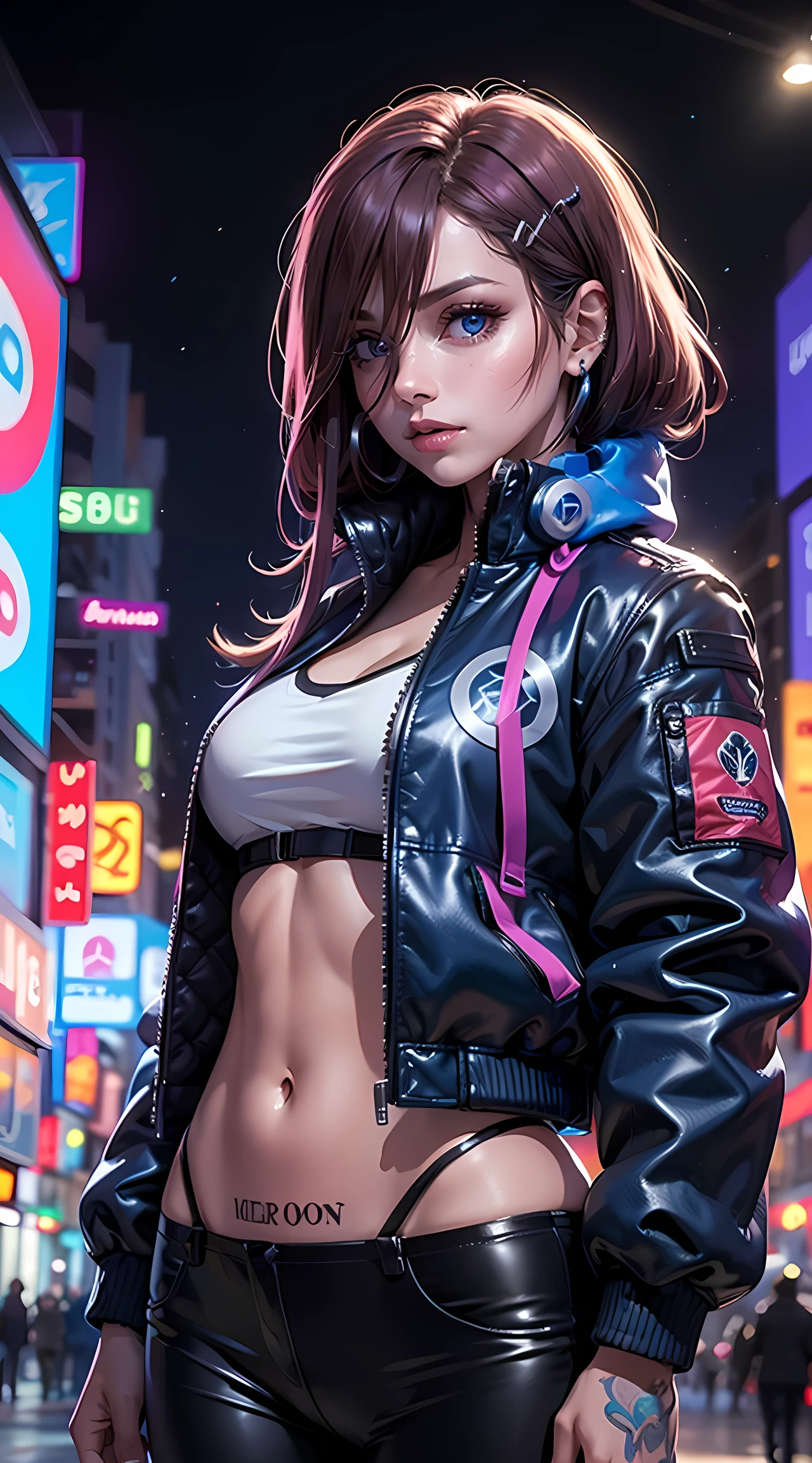 girl, cyberpunk, big boobs, crop top, shorts, neon