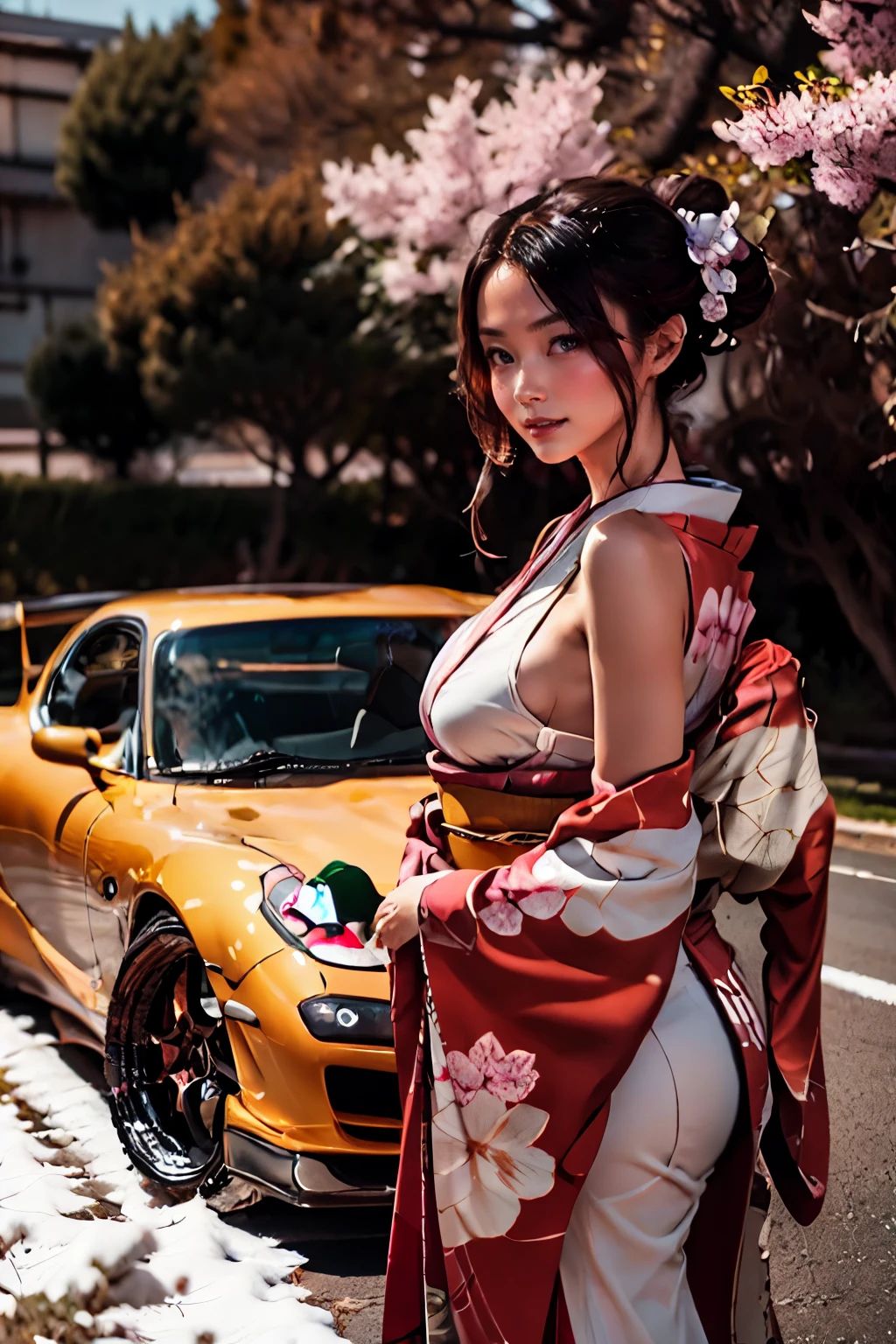 Tuned RX7 ,BBS LM, A beautiful woman in a Japanese kimono is by the car、 anatomically correct、 Best Quality 、Small breasts、Celebrity Tanned 、Brown Skin、Cherry Blossom Snowstorm