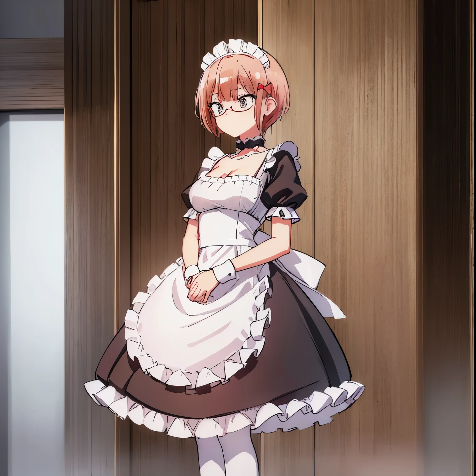 (extremely detailed CG unity 8k wallpaper), (masterpiece), (best quality), (ultra-detailed), (best illustration), (best shadow), (absurdres), 1girl, solo, ogata rizu, maid, maid headdress, choker, wrist cuffs, short sleeves, cleavage, looking down, hands on hips, arms crossed, indoors, cafe, standing