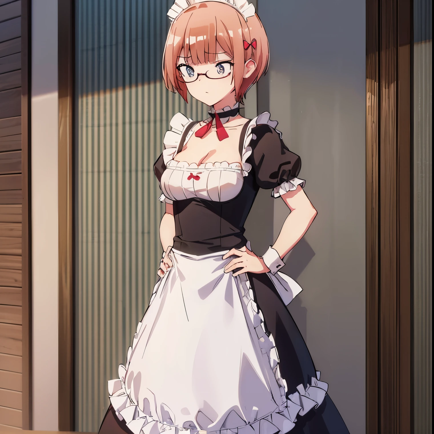 (extremely detailed CG unity 8k wallpaper), (masterpiece), (best quality), (ultra-detailed), (best illustration), (best shadow), (absurdres), 1girl, solo, ogata rizu, maid, maid headdress, choker, wrist cuffs, short sleeves, cleavage, looking down, hands on hips, arms crossed, indoors, cafe, standing