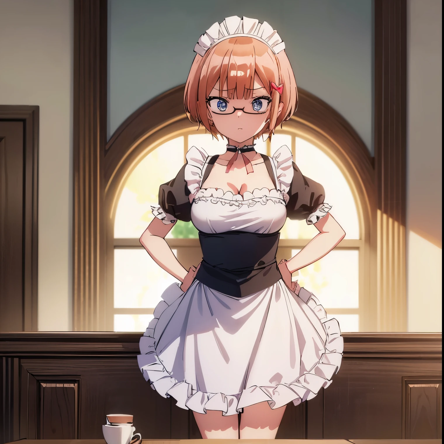 (extremely detailed CG unity 8k wallpaper), (masterpiece), (best quality), (ultra-detailed), (best illustration), (best shadow), (absurdres), 1girl, solo, ogata rizu, maid, maid headdress, choker, wrist cuffs, short sleeves, cleavage, looking down, hands on hips, arms crossed, indoors, cafe, standing