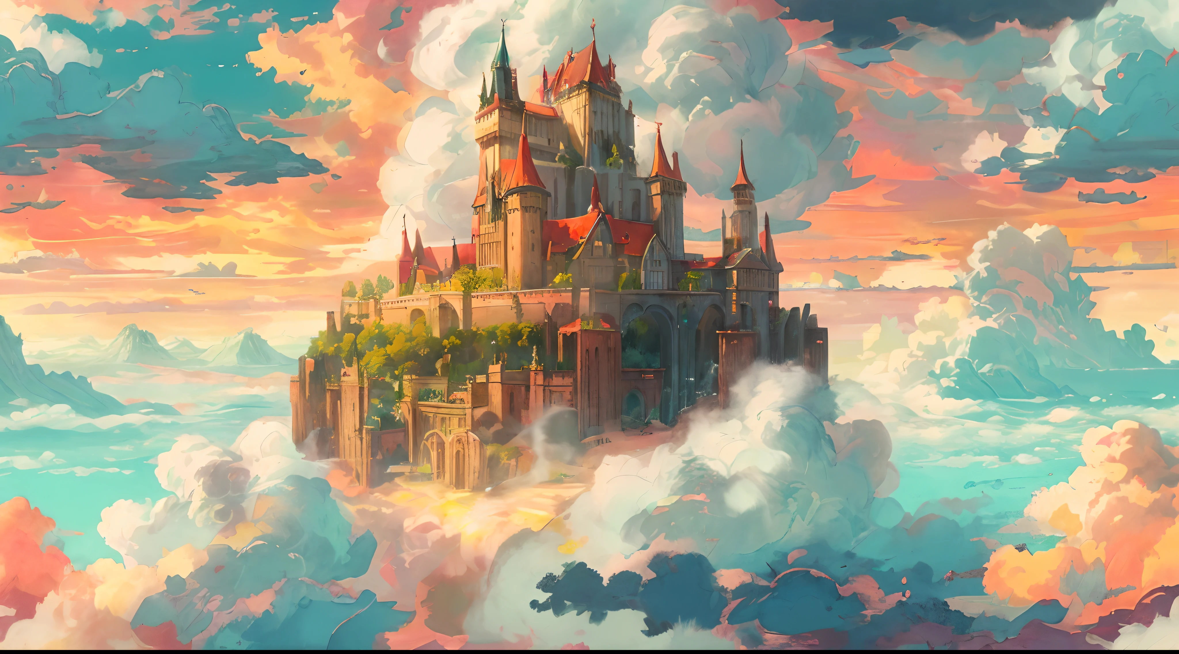 A majestic castle floating on a sky island, reminiscent of an England ...