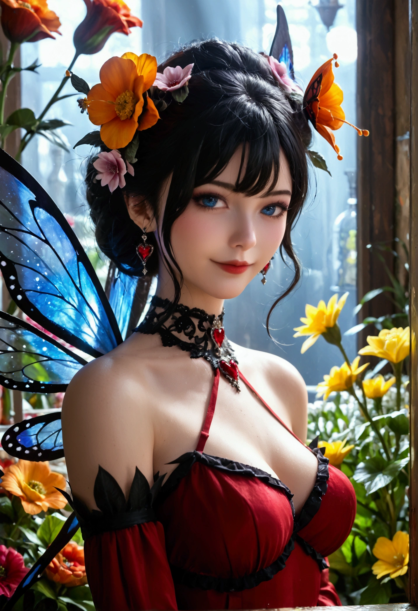 score_9, score_8_up, score_7_high details, best quality, 16k, RAW, [best detailed], masterpiece, best quality, (extremely detailed), full body, ultra wide shot, photorealistic, dark fantasy art, goth art, RPG art, D&D art, a picture of a dark female fairy showing flowers in a florist shop, extremely beautiful fairy, ultra feminine (intense details, Masterpiece, best quality), best detailed face (intense details, Masterpiece, best quality), having wide butterfly wings, spread buterfly wings (intense details, Masterpiece, best quality), dark colors wings (intense details, Masterpiece, best quality), black hair, long hair, shinning hair, flowing hair, shy smile, innocent smile, blue eyes, dark red lips, wearing red dress, dark dynamic elegant dress, chocker, wearing high heels, in flower shop (intense details, Masterpiece, best quality), extreme many flowers (intense details, Masterpiece, best quality), dark colorful flowers (intense details, Masterpiece, best quality), flower shop in a dark goth era street, model715, High Detail, Ultra High Quality, High Resolution, 16K Resolution, Ultra HD Pictures, 3D rendering Ultra Realistic, Clear Details, Realistic Detail, Ultra High Definition