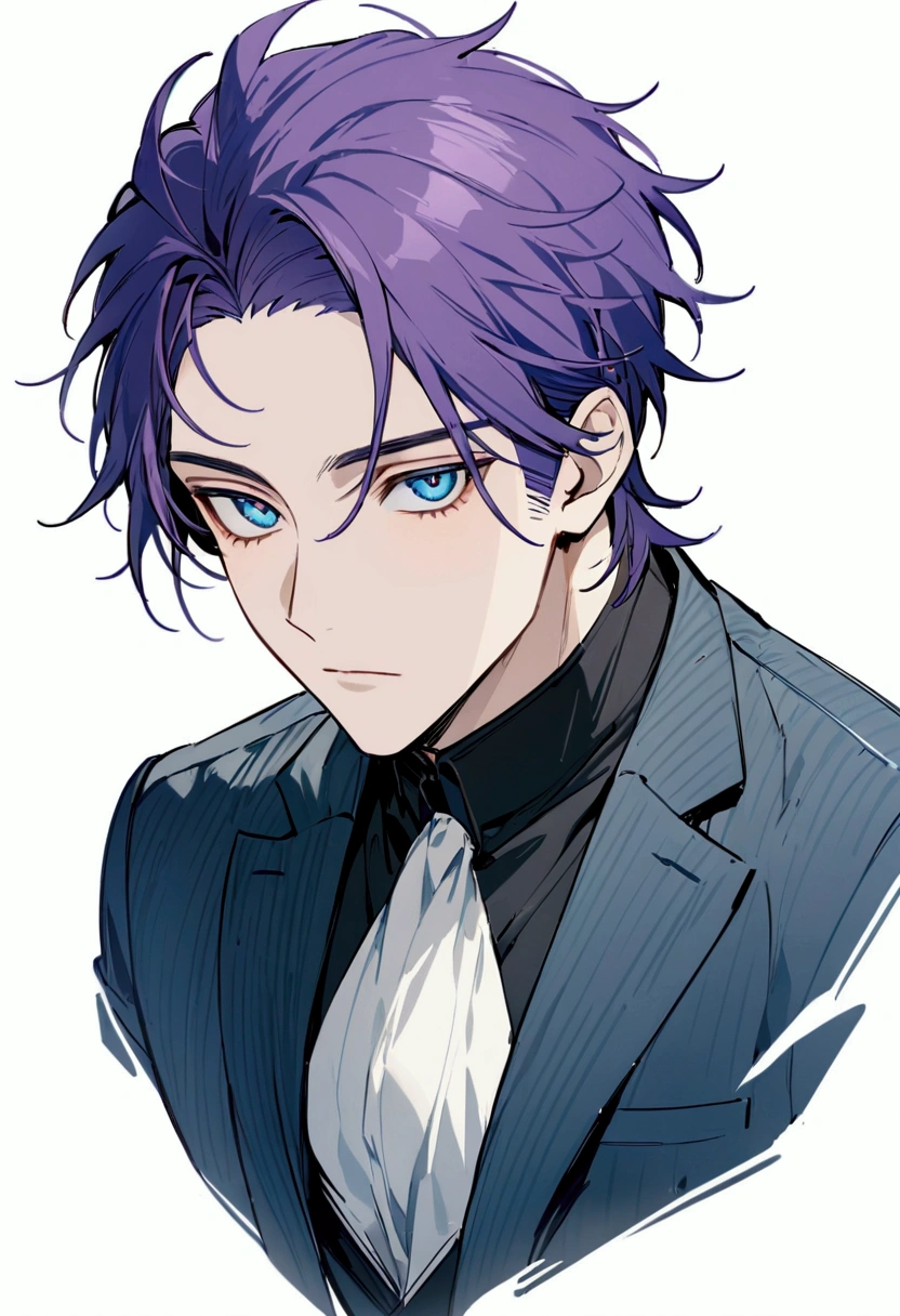 whole body、Character portrait、male、masterpiece、Handsome、The forehead is visible、1 man,  purple Hair、Worn suit、Jacket、Give bangs、Showing his forehead、Handsome、Intricately drawn eyes、good looking、Plain white background、((blue eyes)), 30 years old, handsome male