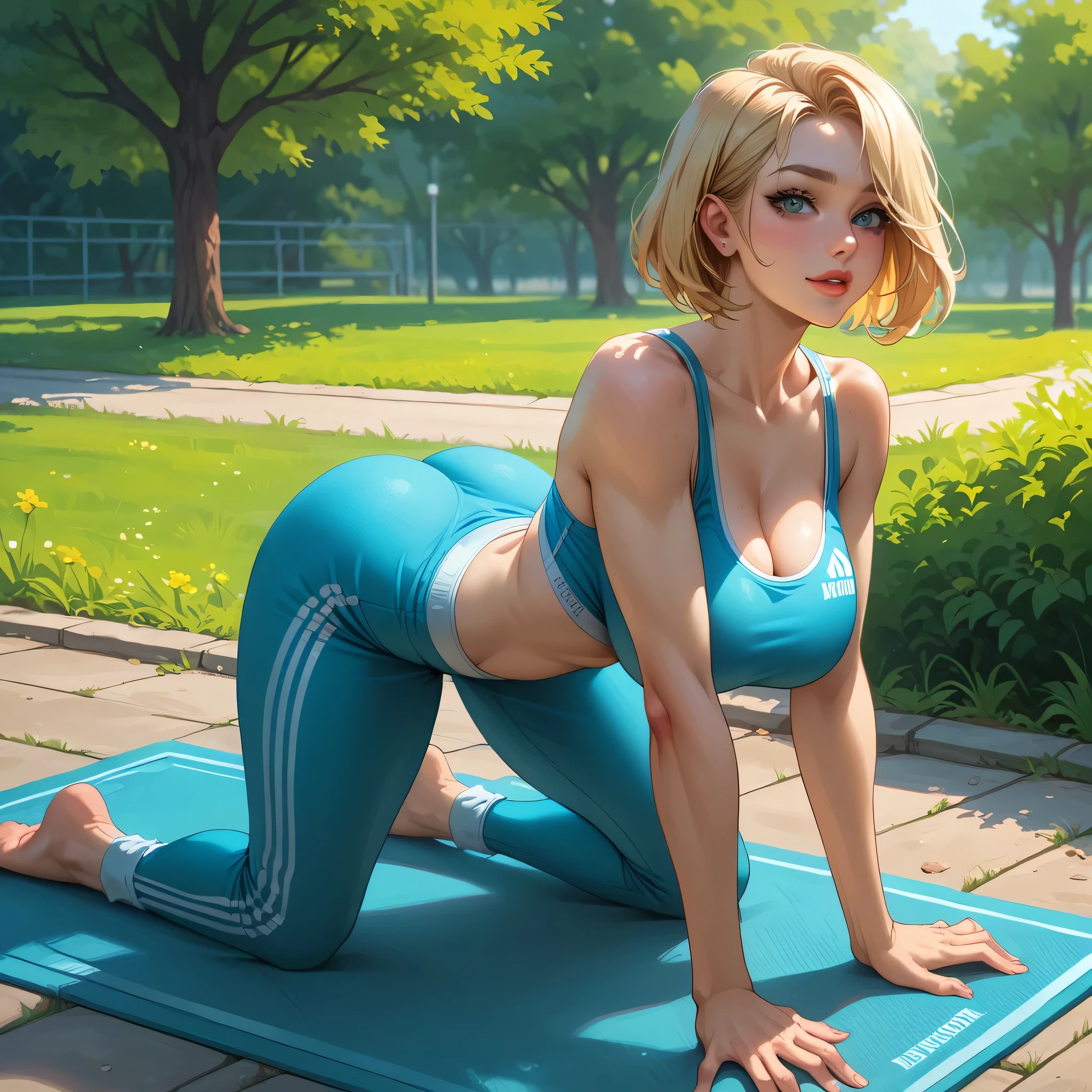 NSFW, erotic, perfect body, sexy, best quality, clear quality, high quality, 4K, 8k, одна  woman , sexy  woman , платиновая  blonde,  blonde,  big breasts , 1 girl. Arrogant, full length view, sexy, short hair bob ,, sexy,  wearing a tracksuit,, does yoga in the park , calm,, sexy,  big female boobs ,  woman , голубоглазая  blonde с короткой стрижкой,  one girl in the frame .. the body is visible, Face in the frame, you can see the face of a girl .  the beautiful face of an adult woman 