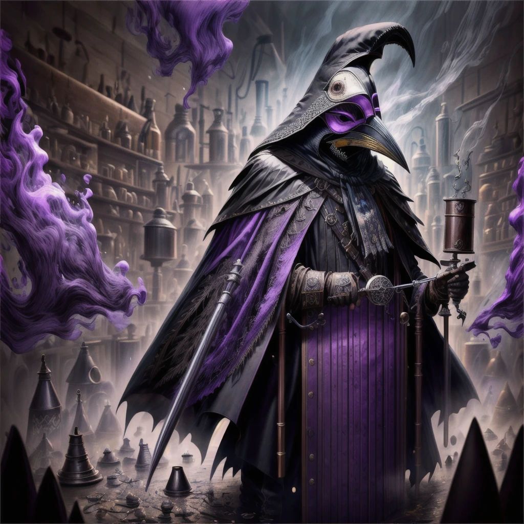 Manic male plague doctor in a metal crow mask, large wide brim hat partially covers his face, leather steampunk attire, long black cape, stands at lab bench, adds ingredients to test tube with purple bubbling liquid, Masterpiece, Award Winning, Best Quality, Illustration, Action Painting, Cinematic, Hyperdetailed, Motion Blur