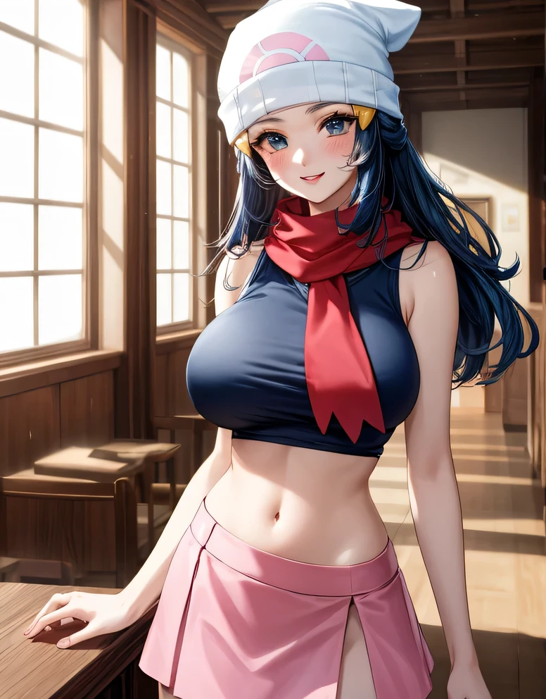 (large breasts:1.55),(shiny hair),((solo)),((masterpiece)),((best quality)),perfect anatomy,slim waist,perfect image,8k UHD,(beautiful detailed eyes:1.5),extremely detailed face,standing,(upper body:1.2),(look at the front:1.5),ultra-detailed,absurdres,ultra-highres,pokemon dawn,(dark blue hair),(blue eyes),sidelocks,long hair,bare shoulders,beanie,black shirt,hat,jewelry,miniskirt,pink skirt,red scarf,scarf,shirt,skirt,sleeveless,sleeveless shirt,white headwear,indoor,lips,smile,blush,18 years-old,