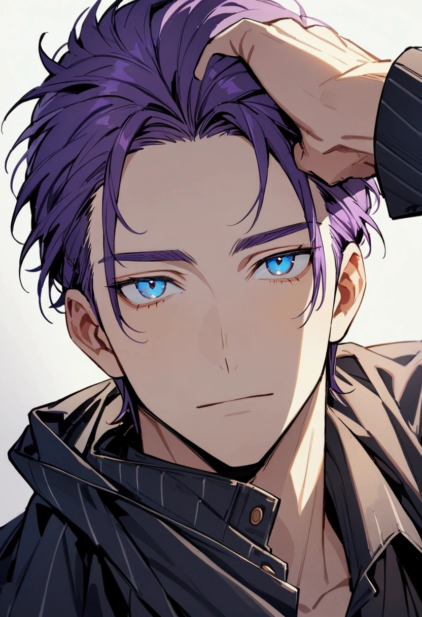 whole body、Character portrait、male、masterpiece、Handsome、The forehead is visible、1 man,  purple Hair、Worn suit、Jacket、Give bangs、Showing his forehead、Handsome、Intricately drawn eyes、good looking、((blue eyes)), 30 years old, handsome male