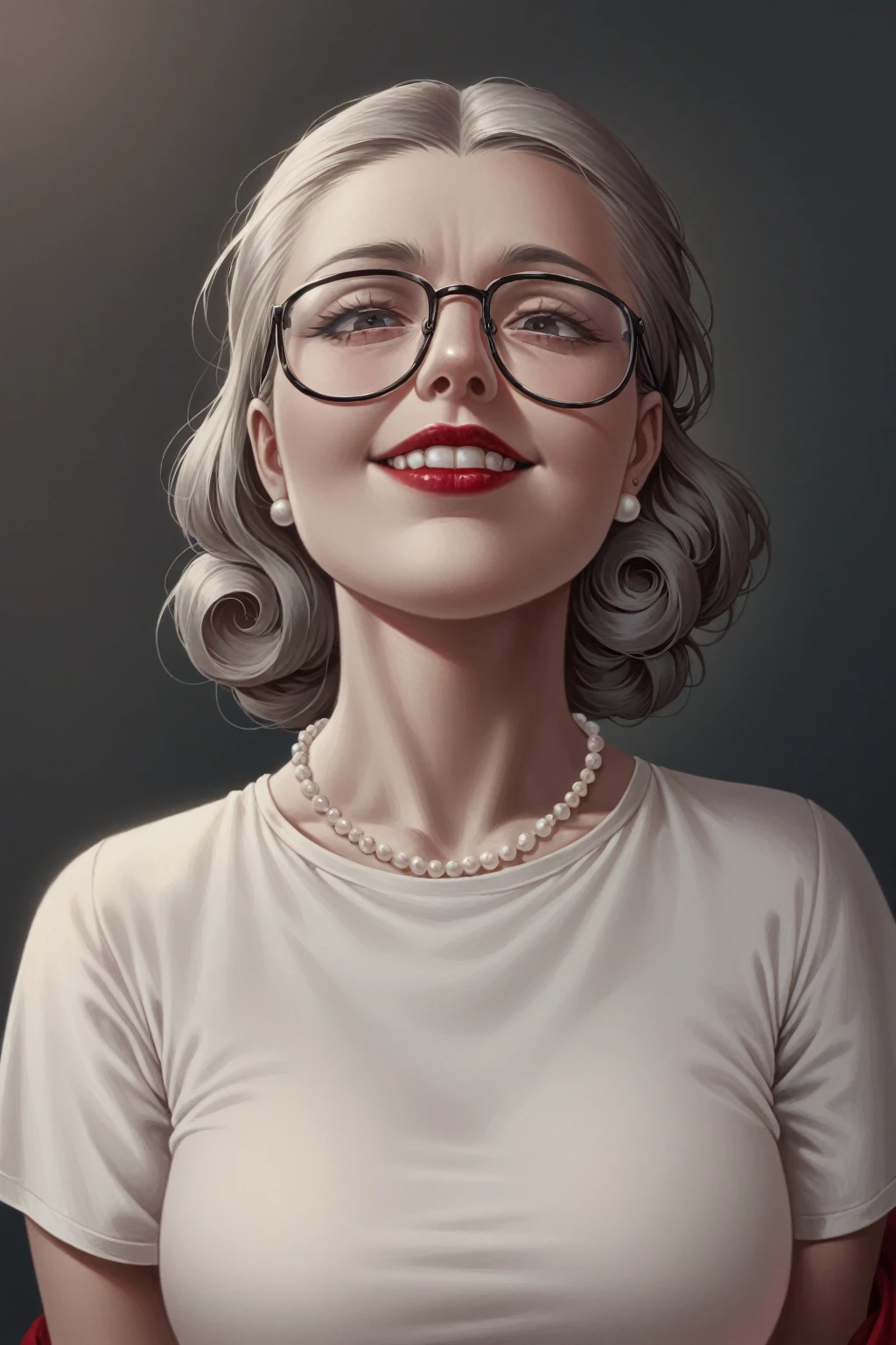 Immediate : score_9, score_8_consolation, score_7_consolation, Surrealistic Shadows Dark Lighting ,  Higher Angle ,night,  Artistic Cinematic Film Stills Photograph of a Woman Seen from Below Detailed Surrealist Photography Style,  Extremely High Resolution Details ,   gray background  ,  Older Little Woman ,  gray hair, smile,  Lipstick, Red Jacket , pearl necklace, Black rimmed glasses , Back of head, 