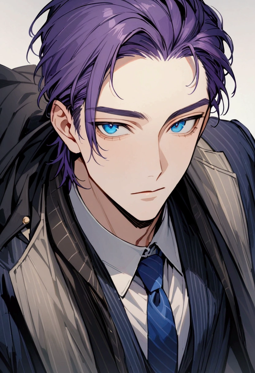 whole body、Character portrait、male、masterpiece、Handsome、The forehead is visible、1 man,  purple Hair、Worn suit、Jacket、Give bangs、Showing his forehead、Handsome、Intricately drawn eyes、good looking、((blue eyes)), 30 years old, handsome male